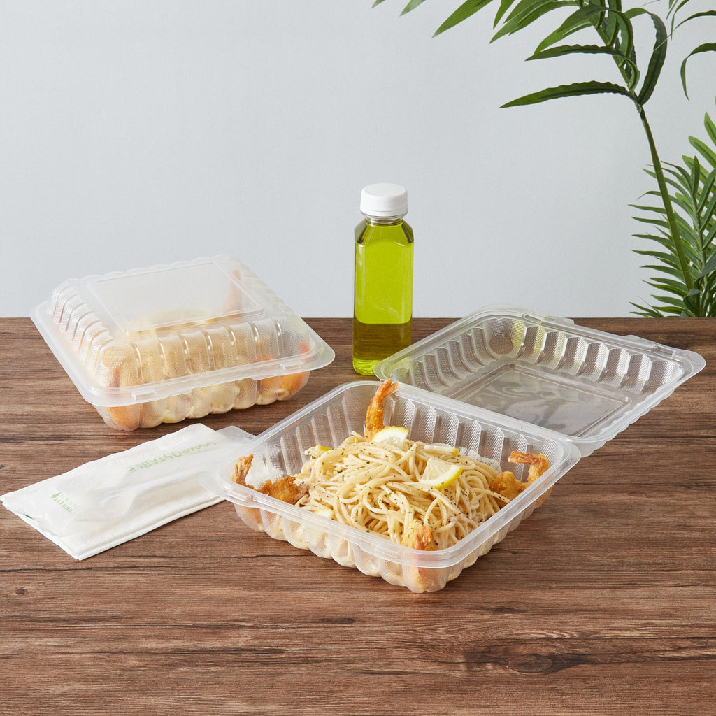 Chef 101 47 oz Square Clear Plastic Clamshell Container - Microwavable - 9" x 9" x 3 1/2" - 100 count box