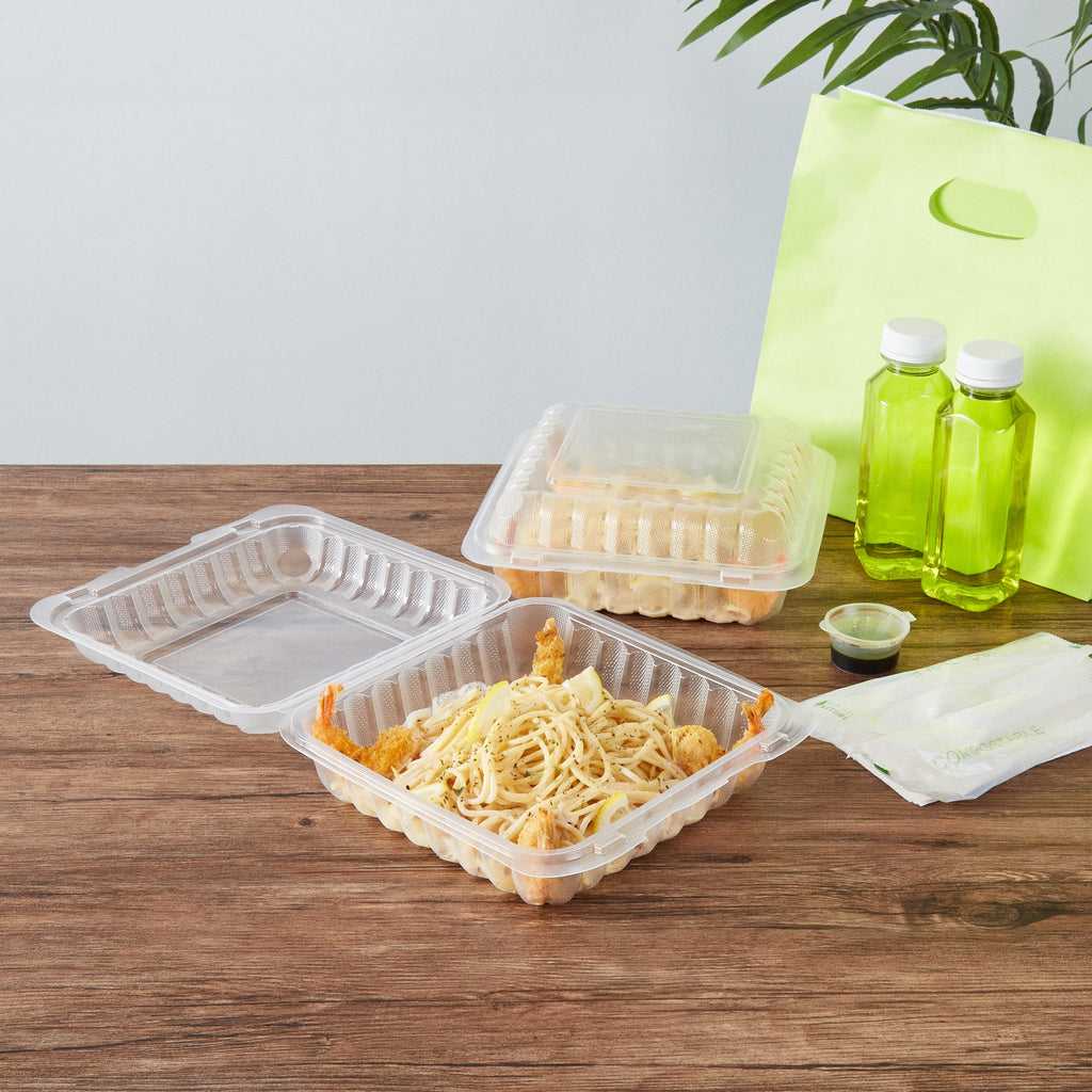 Chef 101 47 oz Square Clear Plastic Clamshell Container - Microwavable - 9" x 9" x 3 1/2" - 50 count box