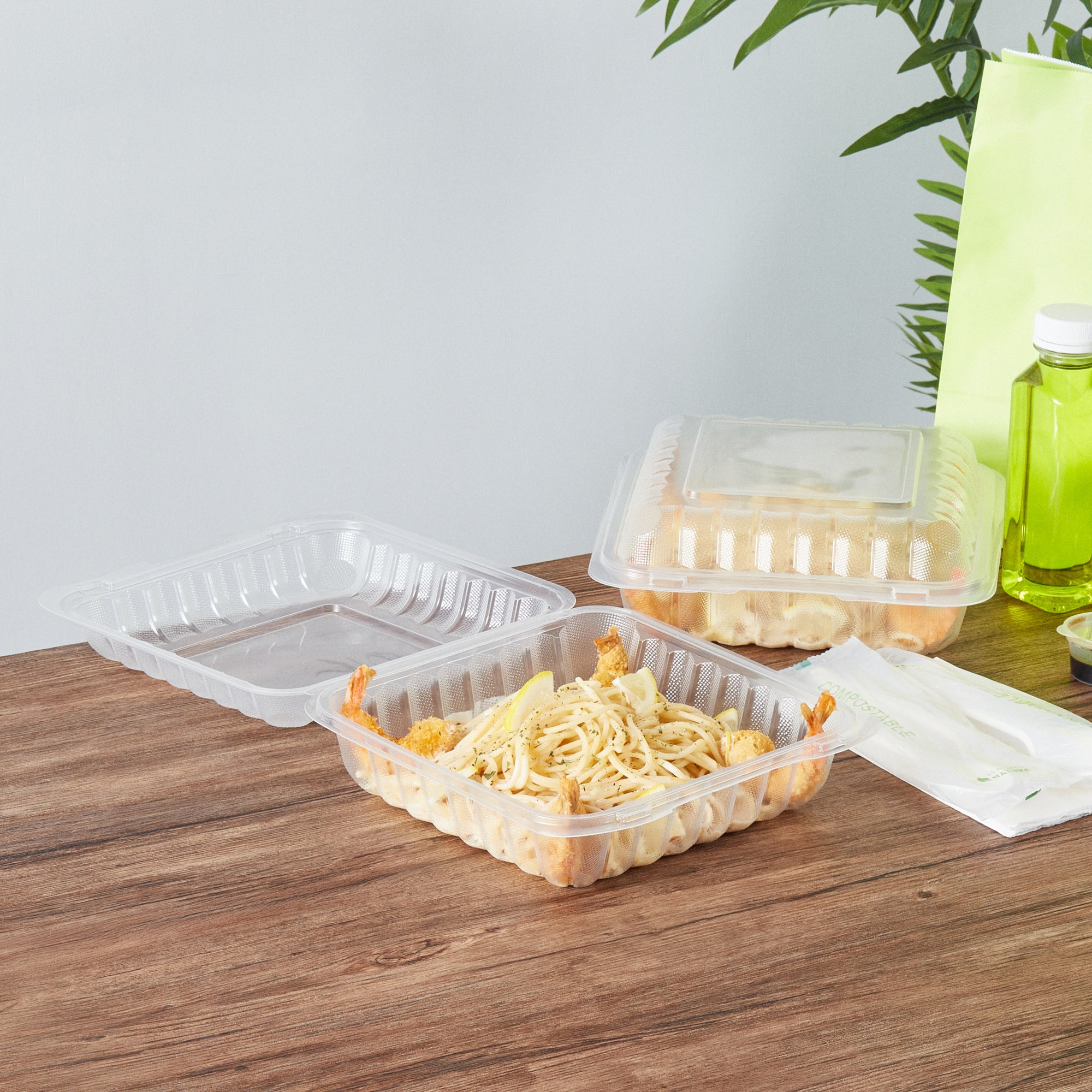 Chef 101 47 oz Square Clear Plastic Clamshell Container - Microwavable - 9" x 9" x 3 1/2" - 50 count box