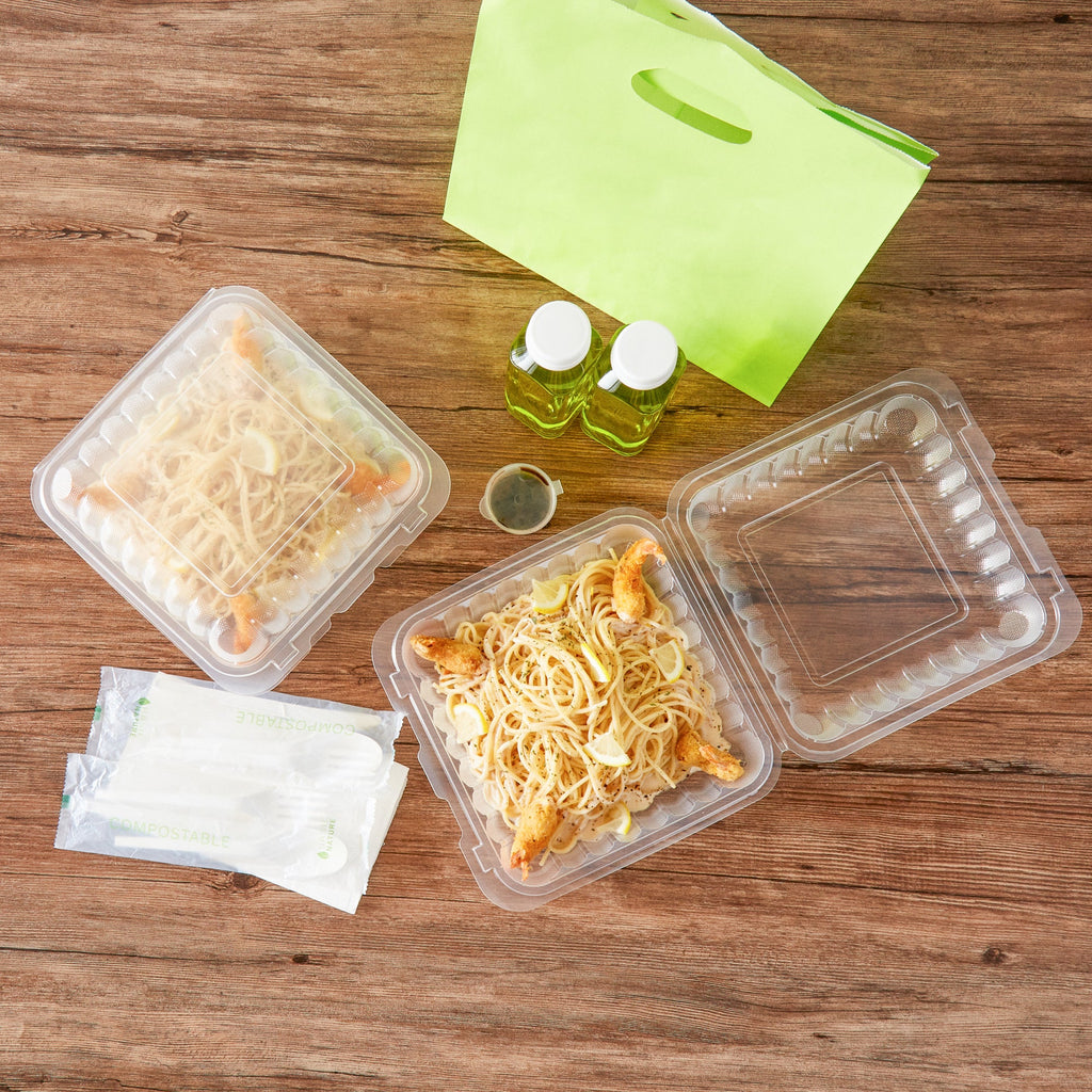 Chef 101 47 oz Square Clear Plastic Clamshell Container - Microwavable - 9" x 9" x 3 1/2" - 50 count box