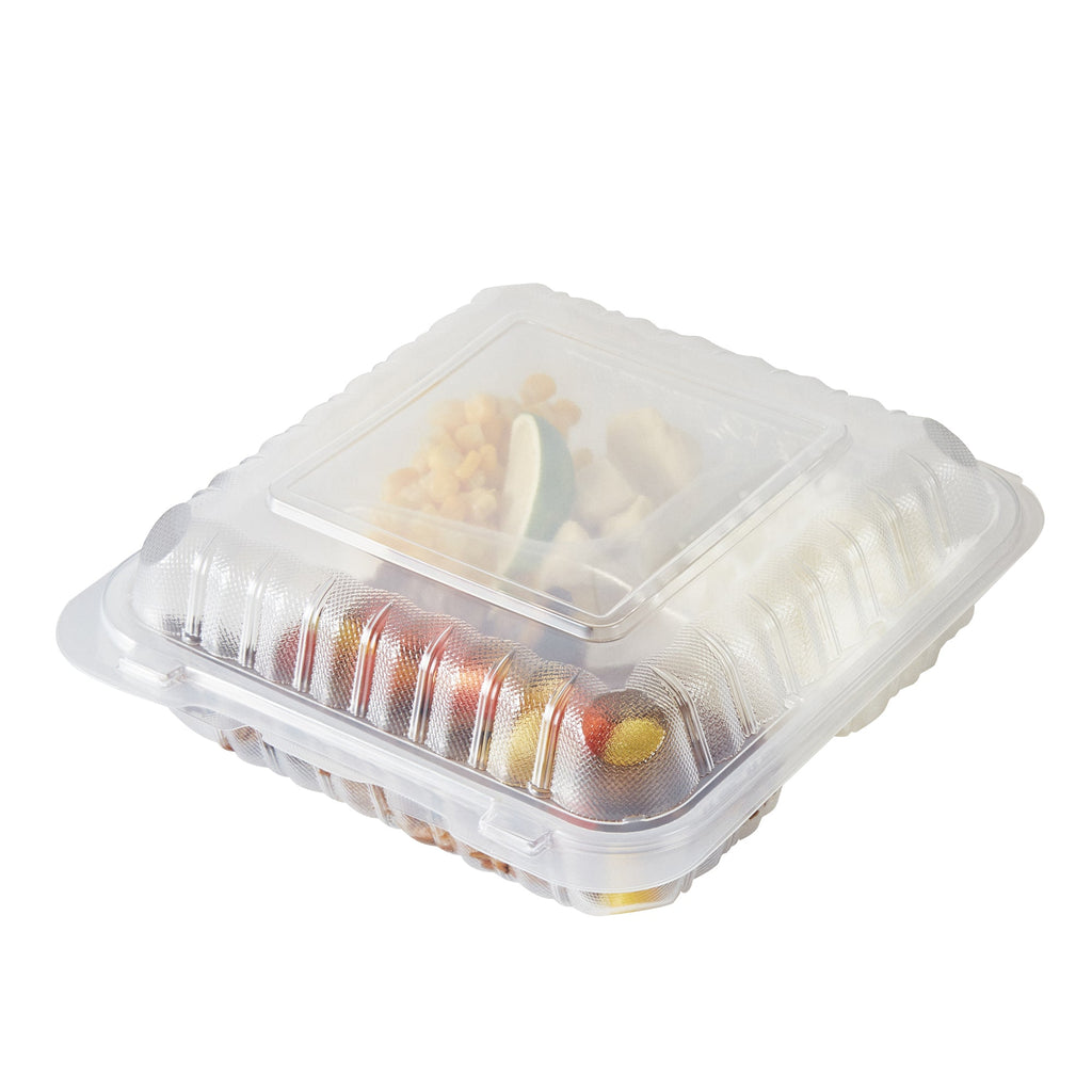 Chef 101 47 oz Square Clear Plastic Clamshell Container - 3 Compartments, Microwavable - 9" x 9" x 3 1/2" - 100 count box
