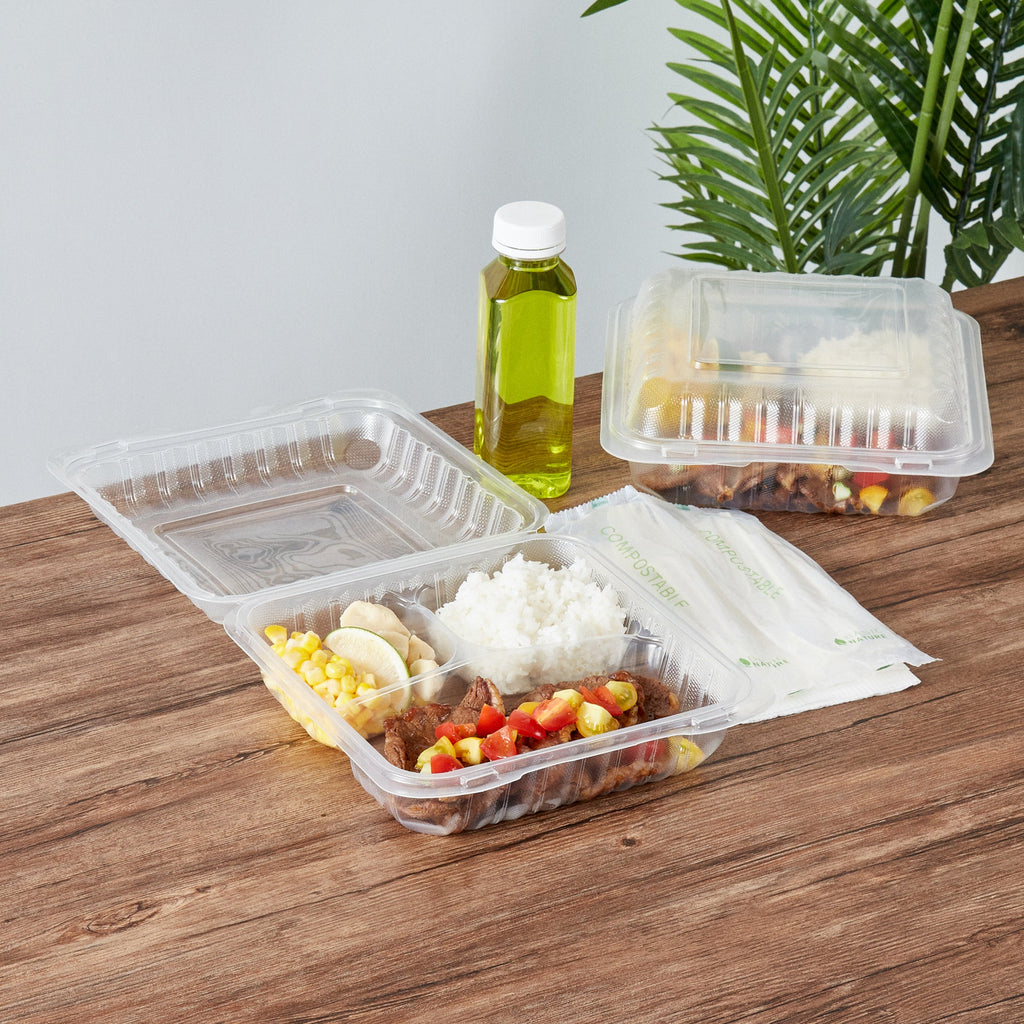 Chef 101 47 oz Square Clear Plastic Clamshell Container - 3 Compartments, Microwavable - 9" x 9" x 3 1/2" - 100 count box