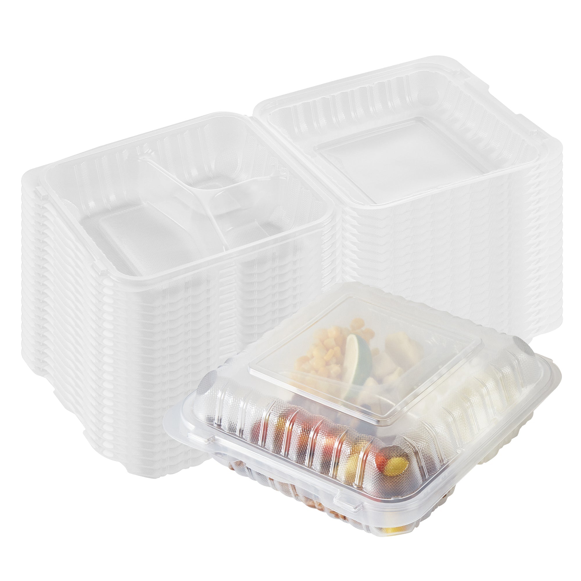 Chef 101 47 oz Square Clear Plastic Clamshell Container - 3 Compartments, Microwavable - 9" x 9" x 3 1/2" - 50 count box