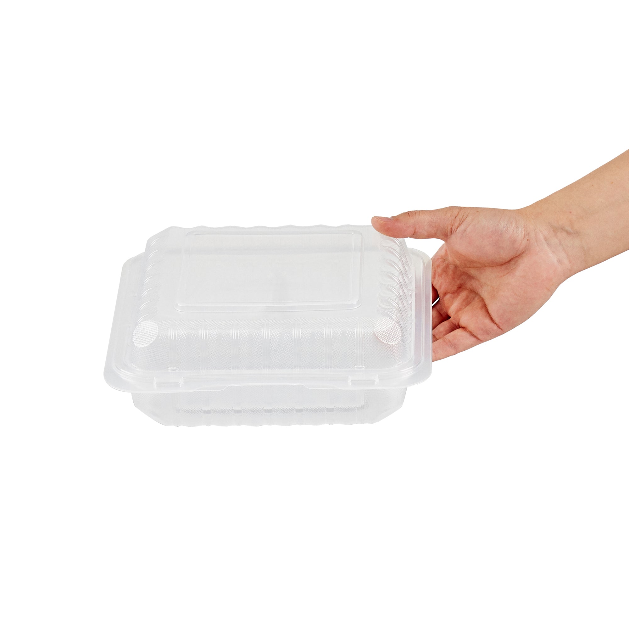 Chef 101 47 oz Square Clear Plastic Clamshell Container - 3 Compartments, Microwavable - 9" x 9" x 3 1/2" - 50 count box