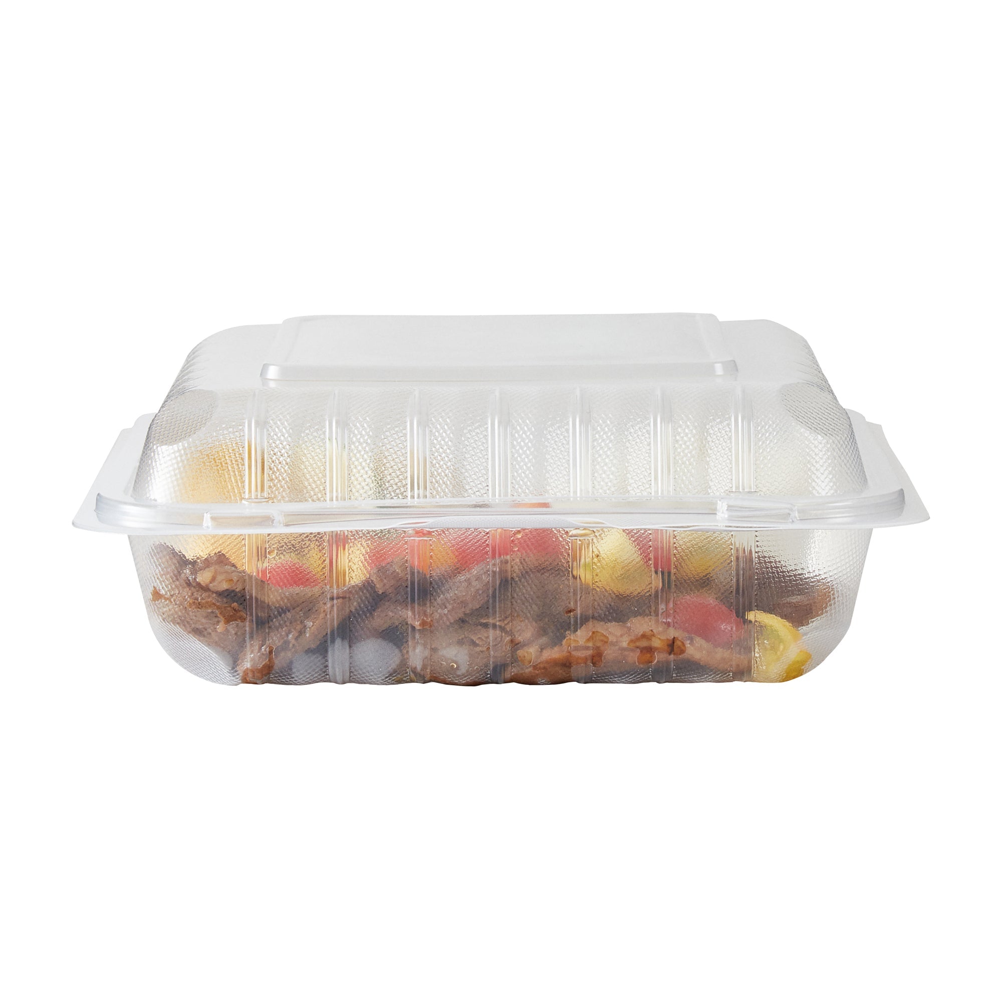 Chef 101 47 oz Square Clear Plastic Clamshell Container - 3 Compartments, Microwavable - 9" x 9" x 3 1/2" - 50 count box