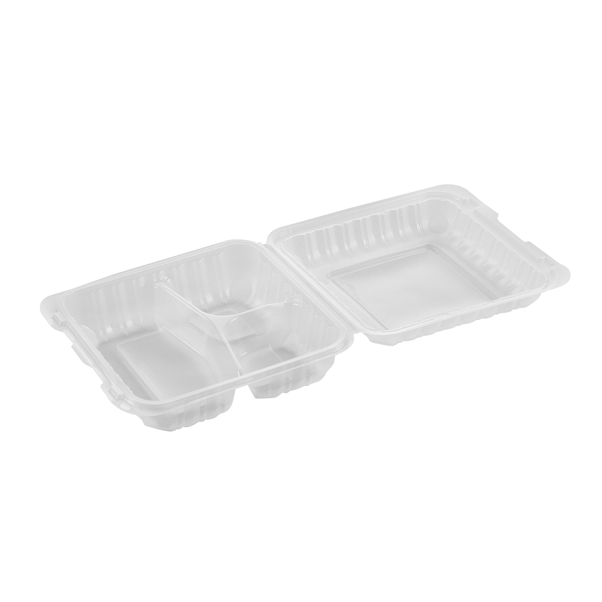 Chef 101 47 oz Square Clear Plastic Clamshell Container - 3 Compartments, Microwavable - 9" x 9" x 3 1/2" - 50 count box
