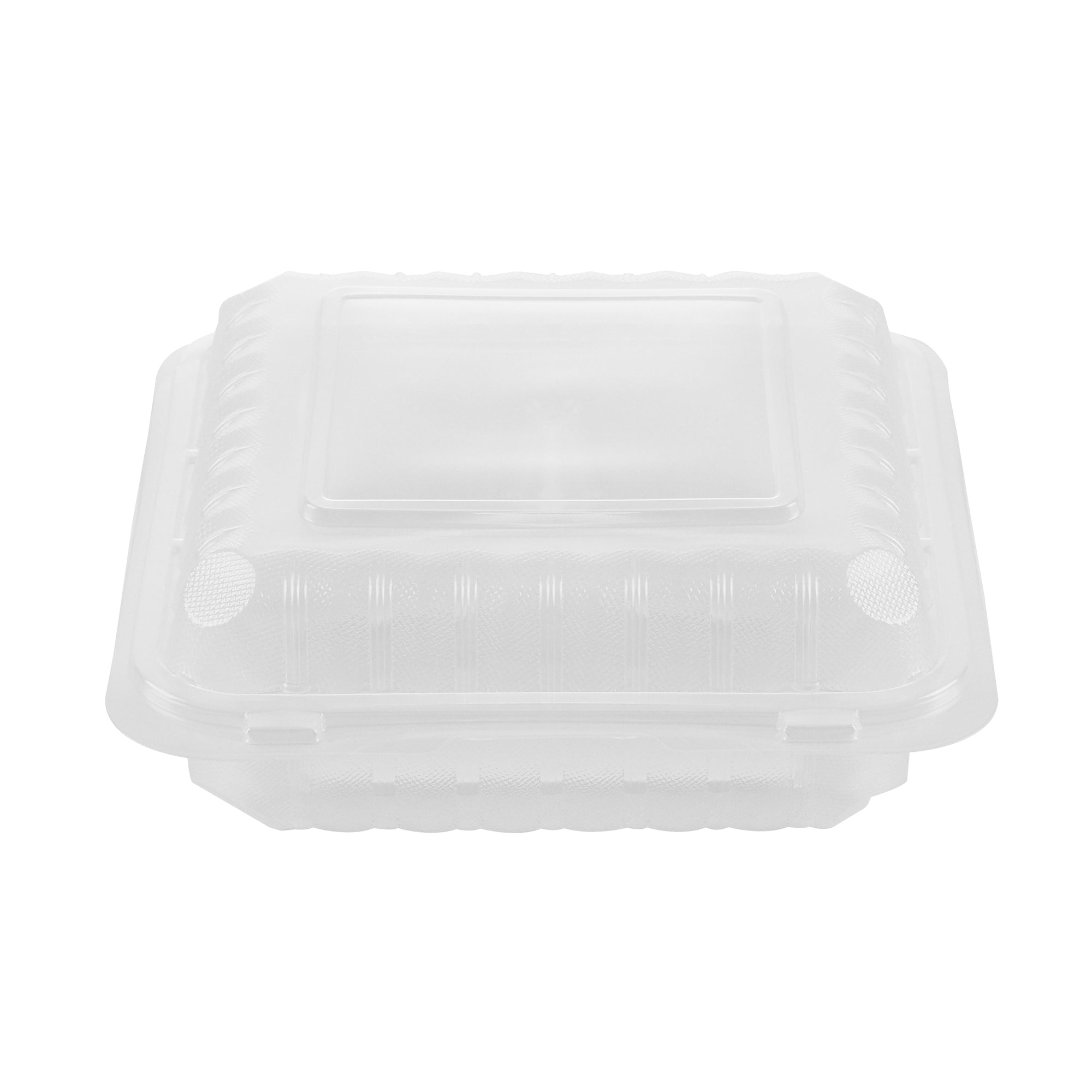 Chef 101 47 oz Square Clear Plastic Clamshell Container - 3 Compartments, Microwavable - 9" x 9" x 3 1/2" - 50 count box