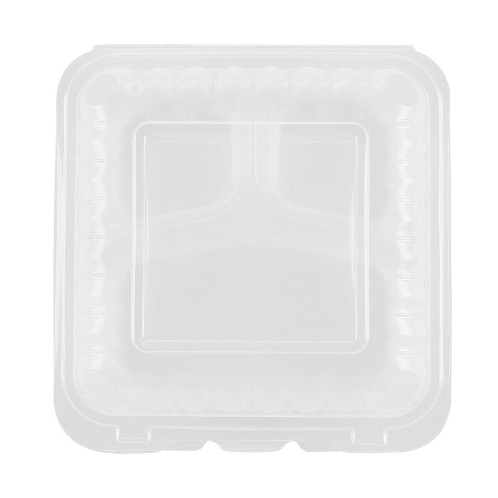 Chef 101 47 oz Square Clear Plastic Clamshell Container - 3 Compartments, Microwavable - 9" x 9" x 3 1/2" - 50 count box