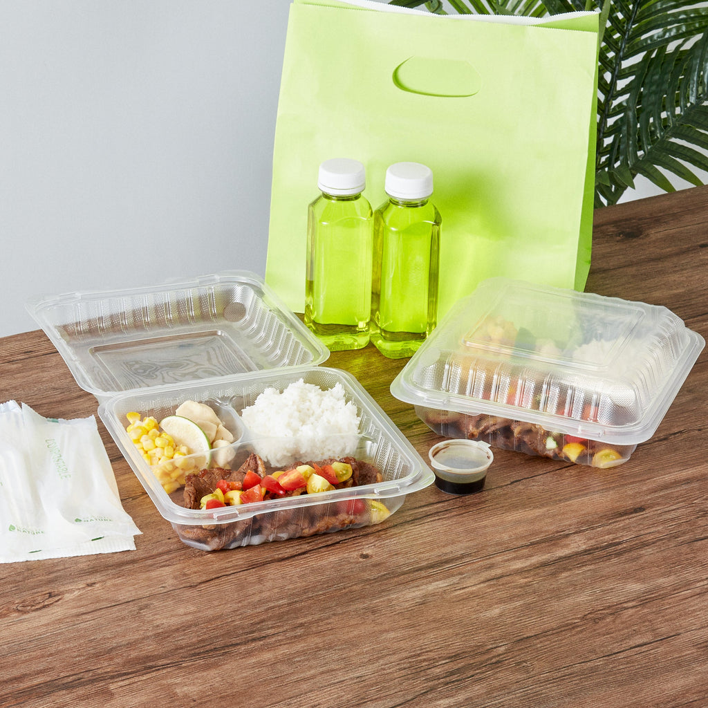 Chef 101 47 oz Square Clear Plastic Clamshell Container - 3 Compartments, Microwavable - 9" x 9" x 3 1/2" - 50 count box