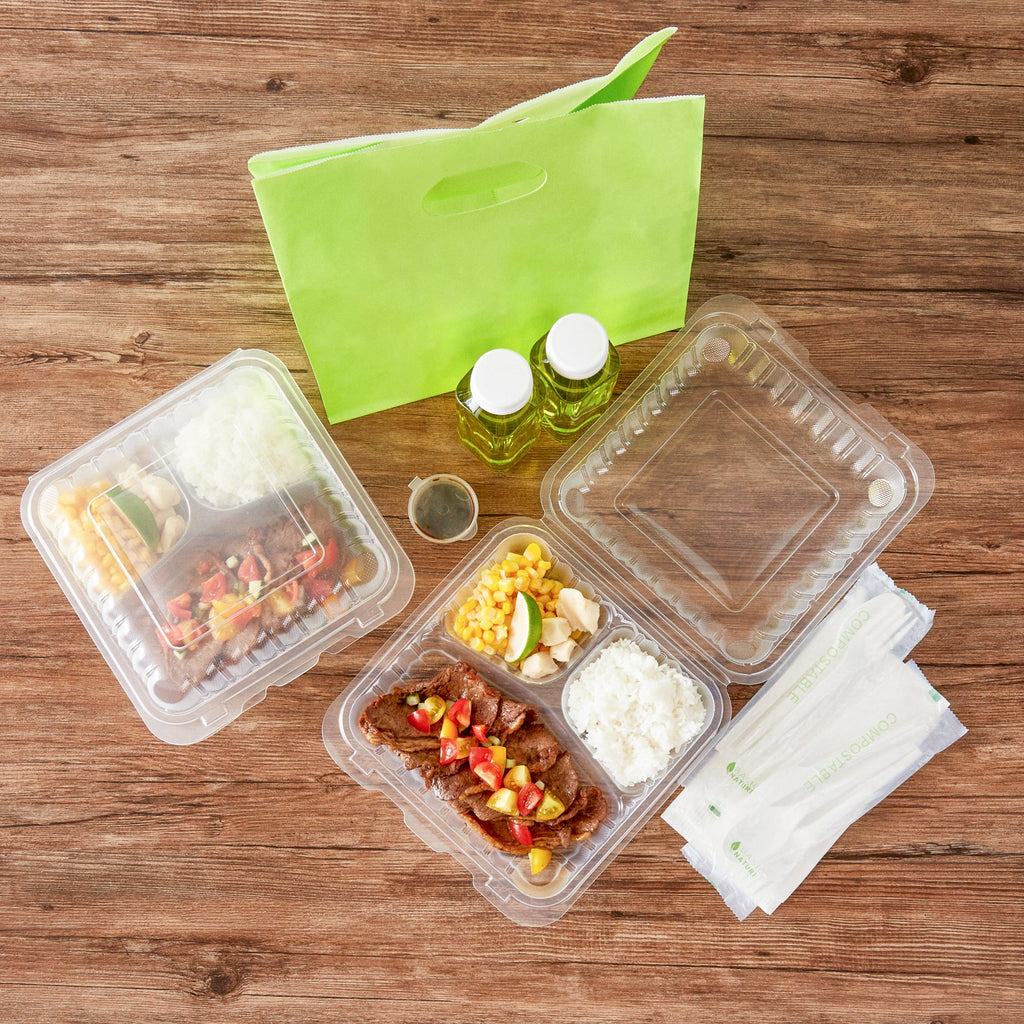 Chef 101 47 oz Square Clear Plastic Clamshell Container - 3 Compartments, Microwavable - 9" x 9" x 3 1/2" - 50 count box