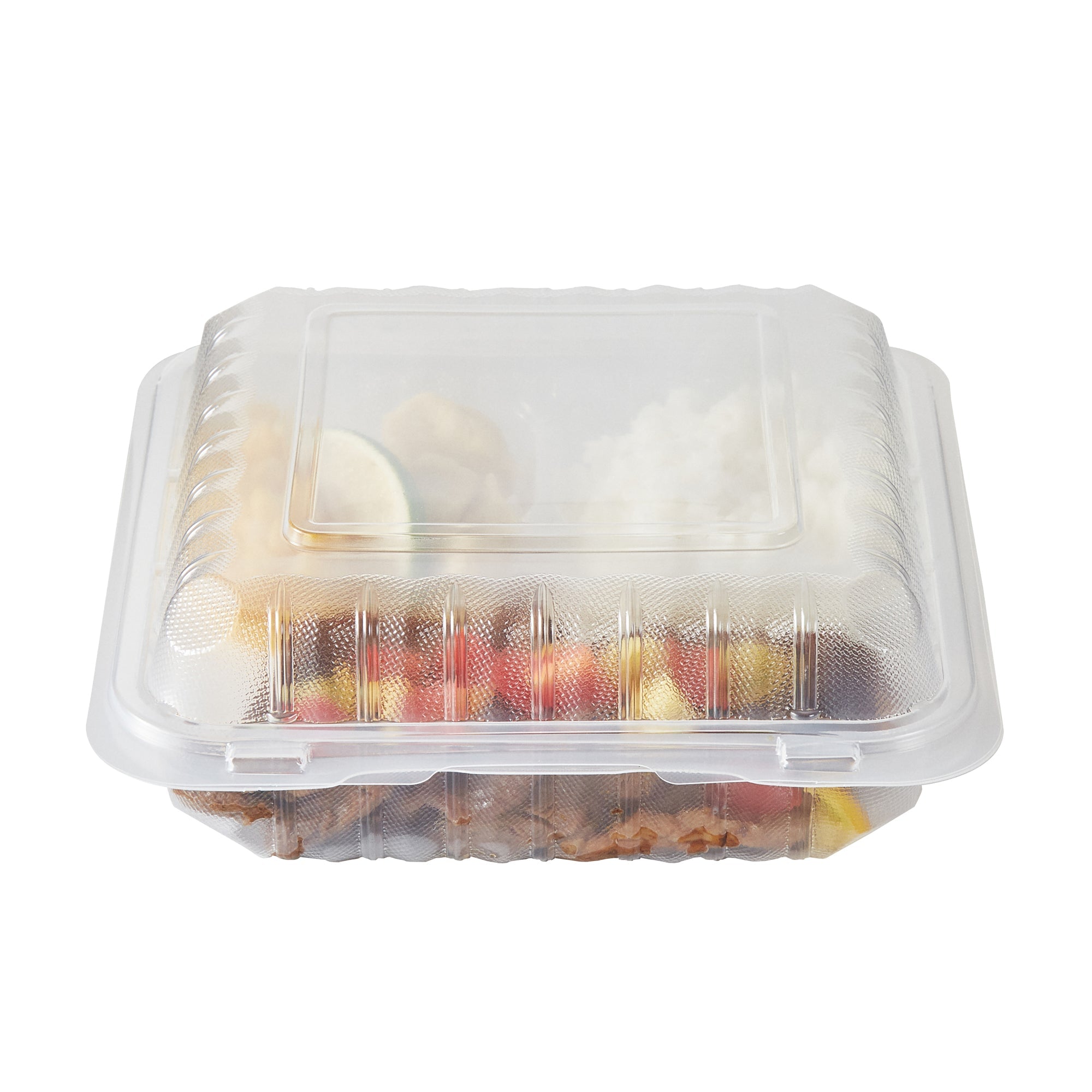 Chef 101 47 oz Square Clear Plastic Clamshell Container - 3 Compartments, Microwavable - 9" x 9" x 3 1/2" - 100 count box