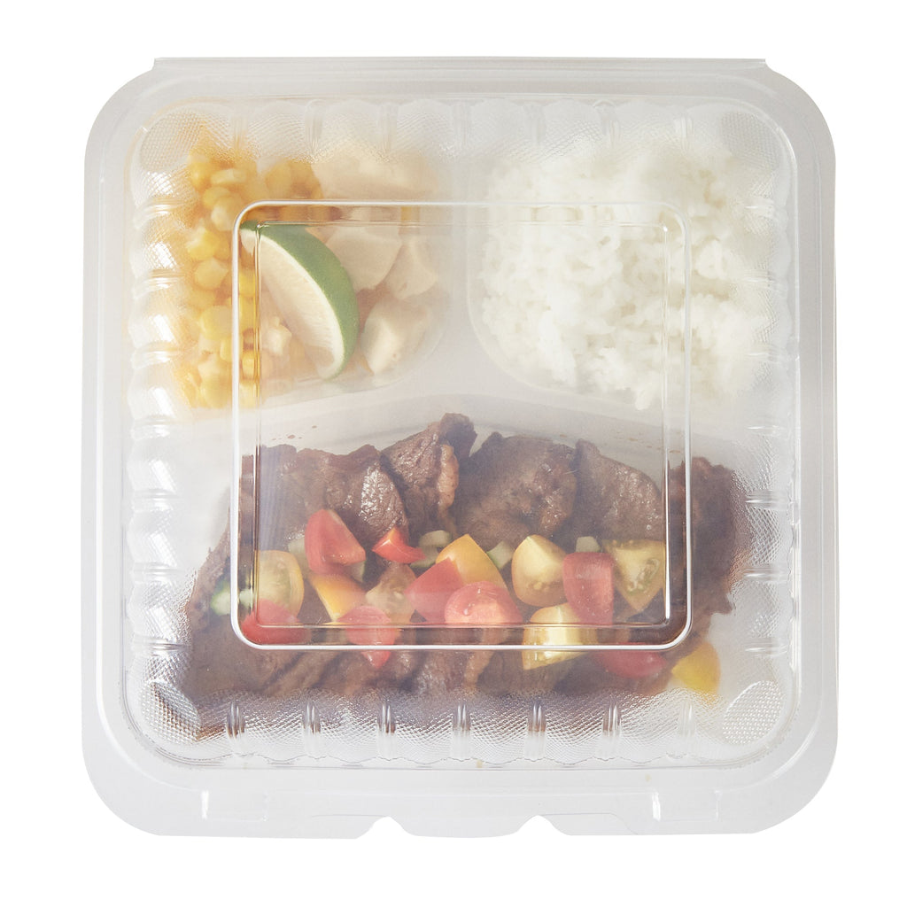 Chef 101 47 oz Square Clear Plastic Clamshell Container - 3 Compartments, Microwavable - 9" x 9" x 3 1/2" - 100 count box