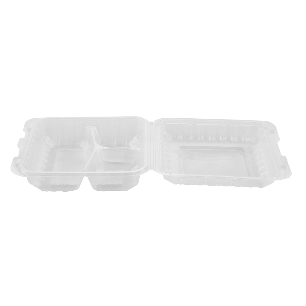 Chef 101 47 oz Square Clear Plastic Clamshell Container - 3 Compartments, Microwavable - 9" x 9" x 3 1/2" - 100 count box