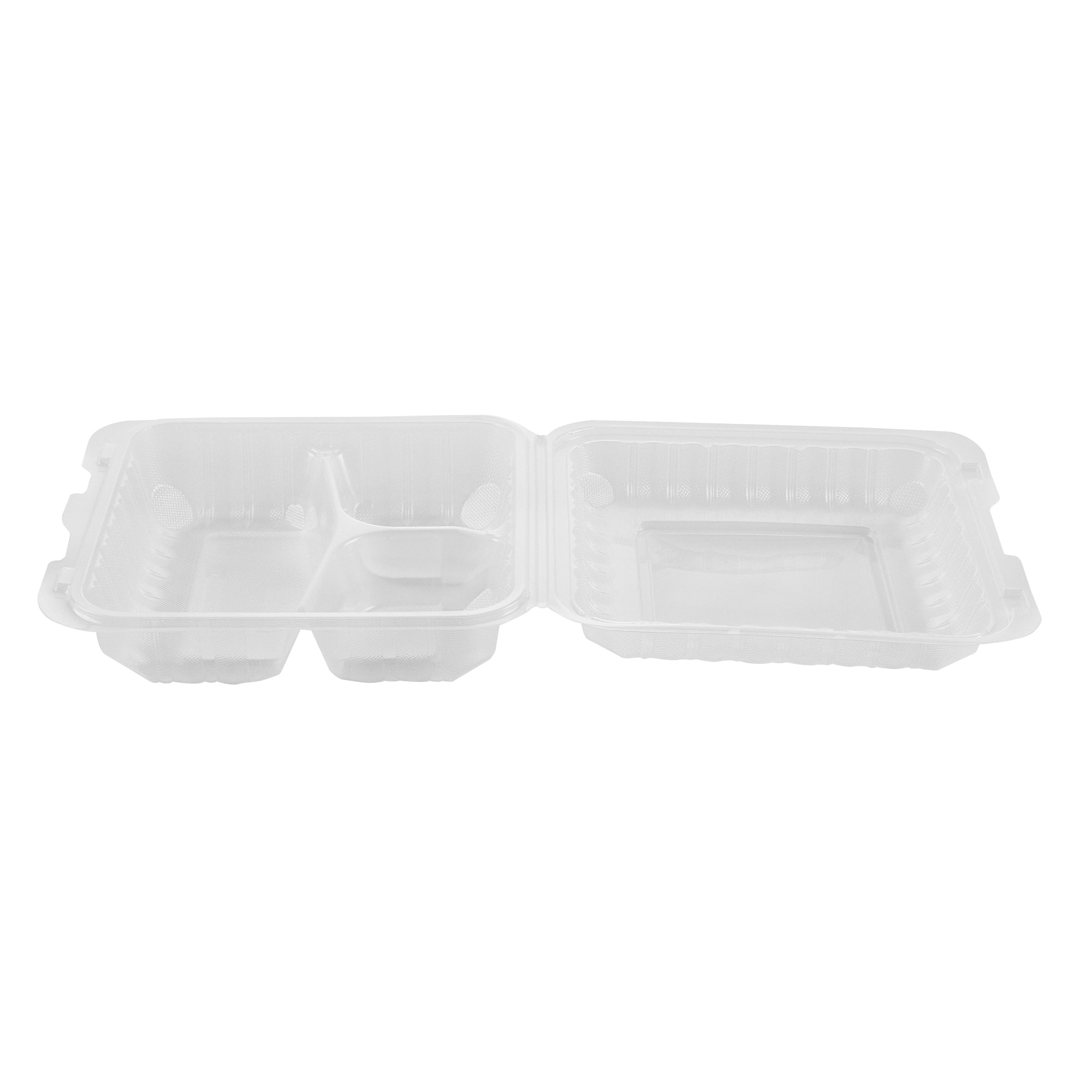 Chef 101 47 oz Square Clear Plastic Clamshell Container - 3 Compartments, Microwavable - 9" x 9" x 3 1/2" - 100 count box