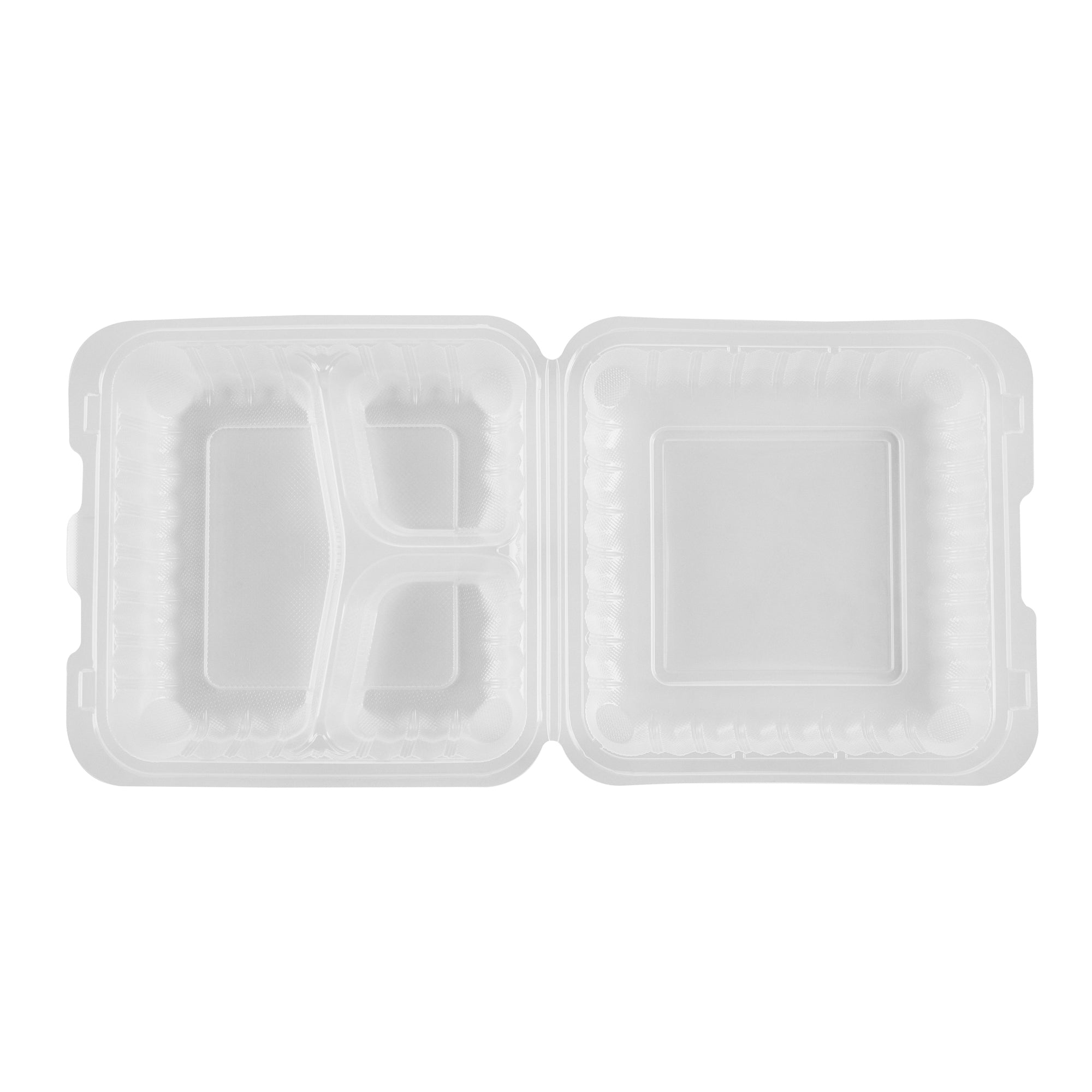 Chef 101 47 oz Square Clear Plastic Clamshell Container - 3 Compartments, Microwavable - 9" x 9" x 3 1/2" - 100 count box