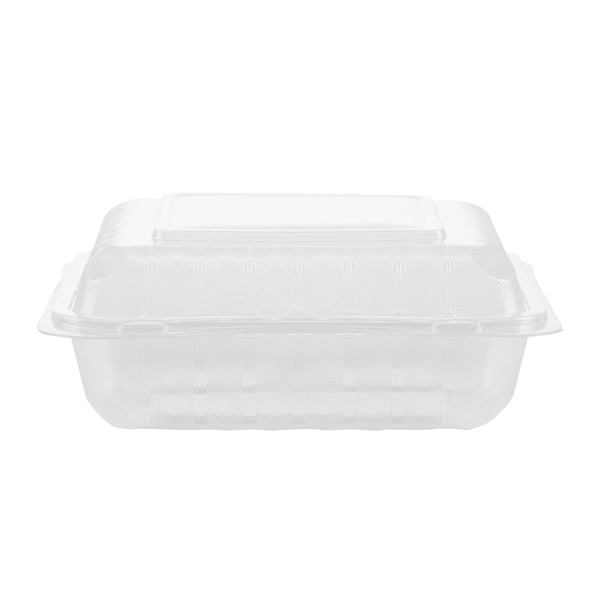 Chef 101 47 oz Square Clear Plastic Clamshell Container - 3 Compartments, Microwavable - 9" x 9" x 3 1/2" - 100 count box