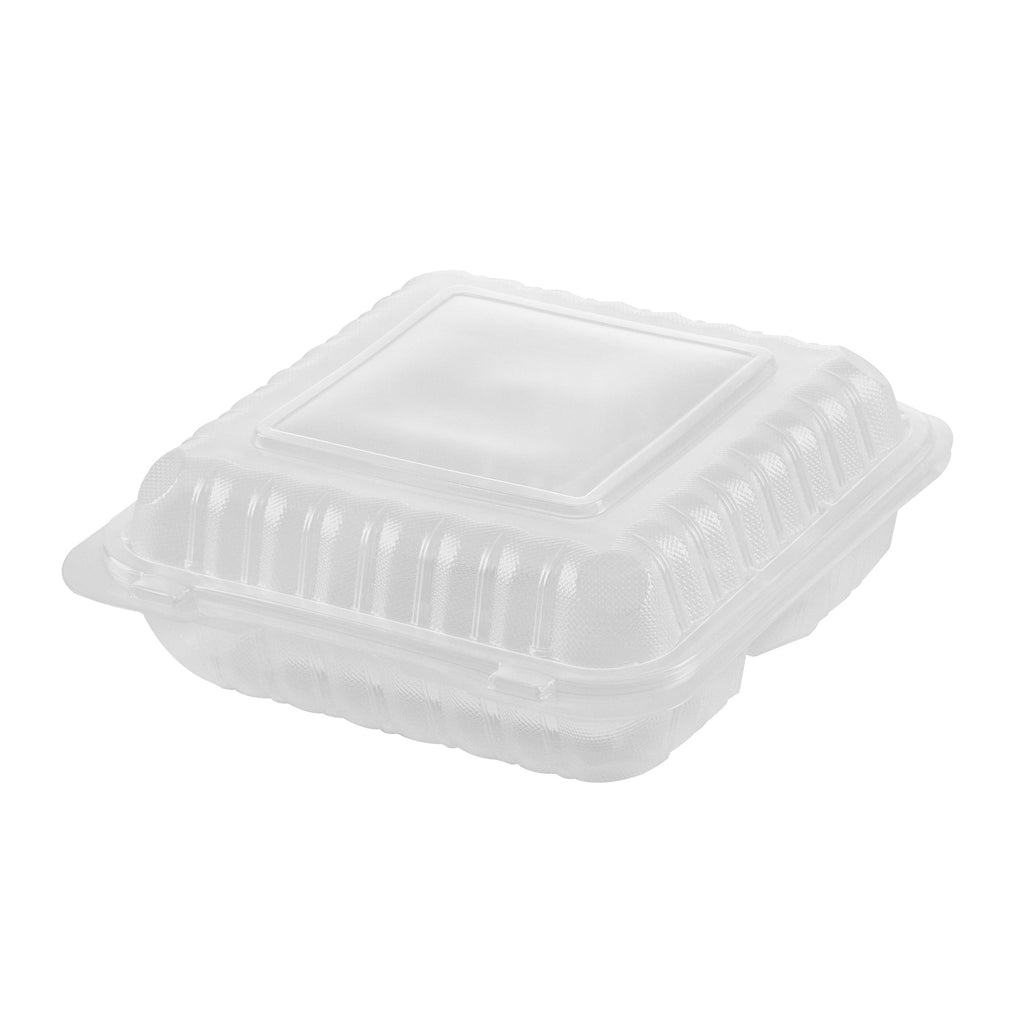 Chef 101 47 oz Square Clear Plastic Clamshell Container - 3 Compartments, Microwavable - 9" x 9" x 3 1/2" - 100 count box