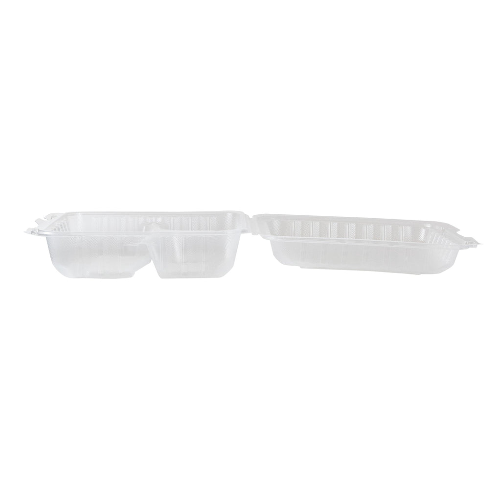 Chef 101 47 oz Square Clear Plastic Clamshell Container - 3 Compartments, Microwavable - 9" x 9" x 3 1/2" - 100 count box