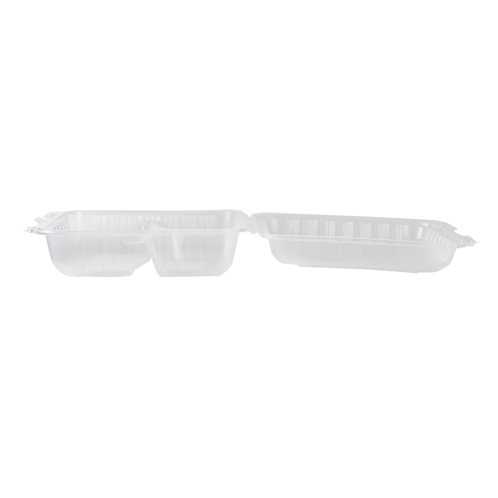 Chef 101 47 oz Square Clear Plastic Clamshell Container - 3 Compartments, Microwavable - 9" x 9" x 3 1/2" - 100 count box
