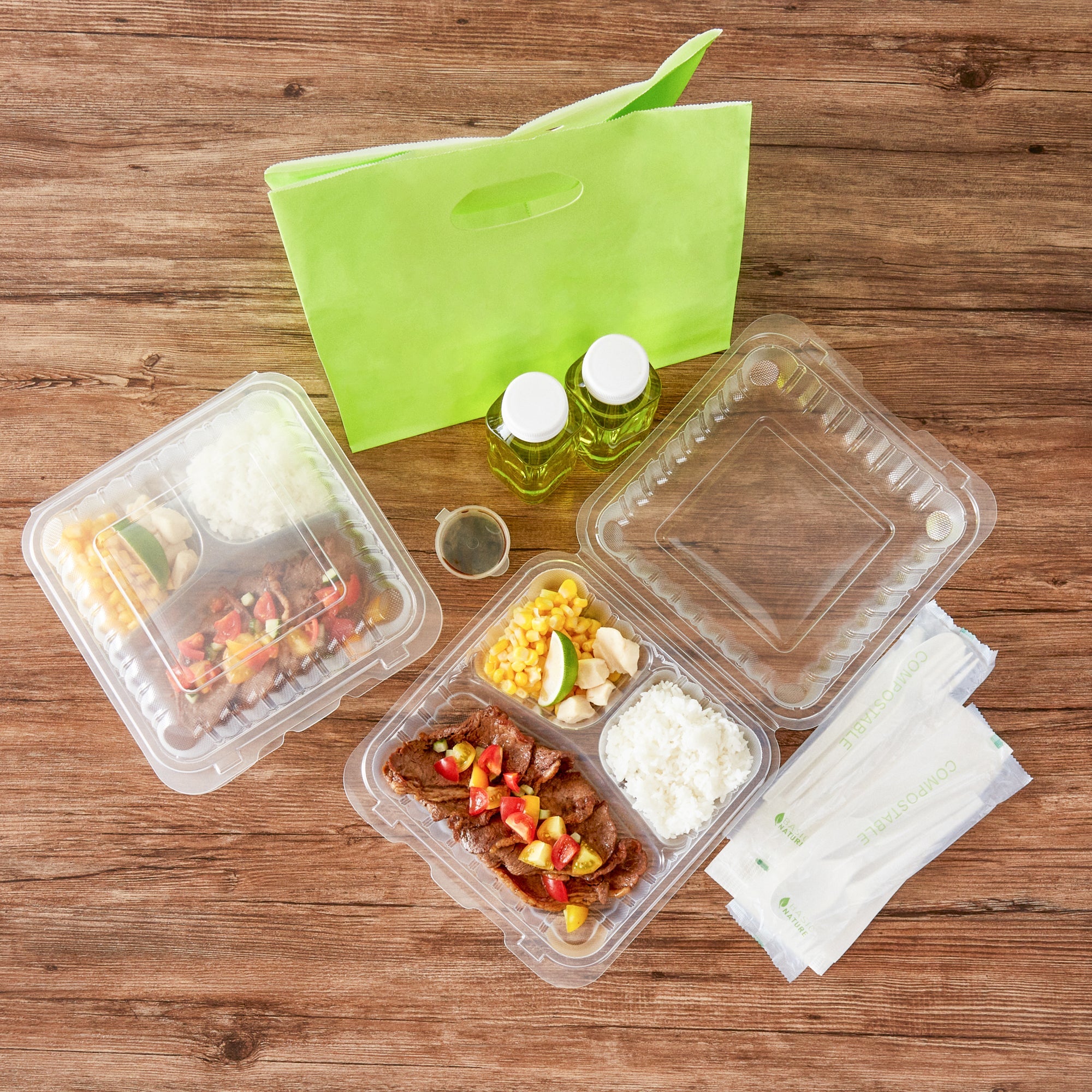 Chef 101 47 oz Square Clear Plastic Clamshell Container - 3 Compartments, Microwavable - 9" x 9" x 3 1/2" - 100 count box