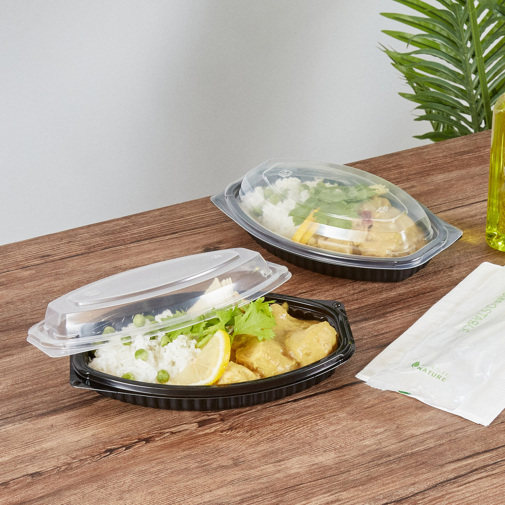 Chef 101 12 oz Oval Black Plastic Food Container - with Clear Lid, Microwavable - 8" x 5 1/2" x 2" - 100 count box