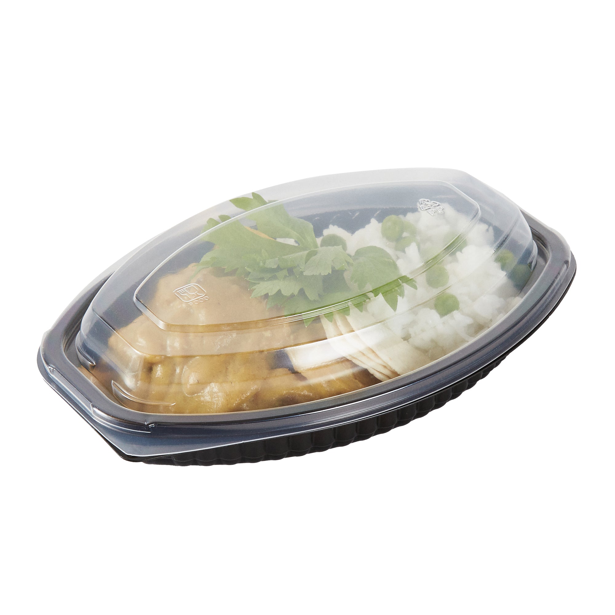 Chef 101 12 oz Oval Black Plastic Food Container - with Clear Lid, Microwavable - 8" x 5 1/2" x 2" - 50 count box