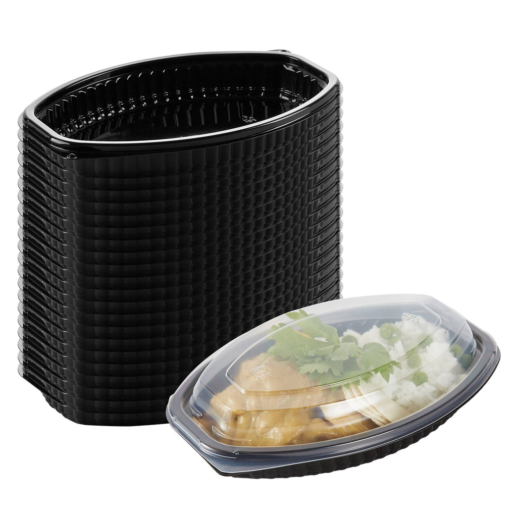 Chef 101 12 oz Oval Black Plastic Food Container - with Clear Lid, Microwavable - 8" x 5 1/2" x 2" - 50 count box
