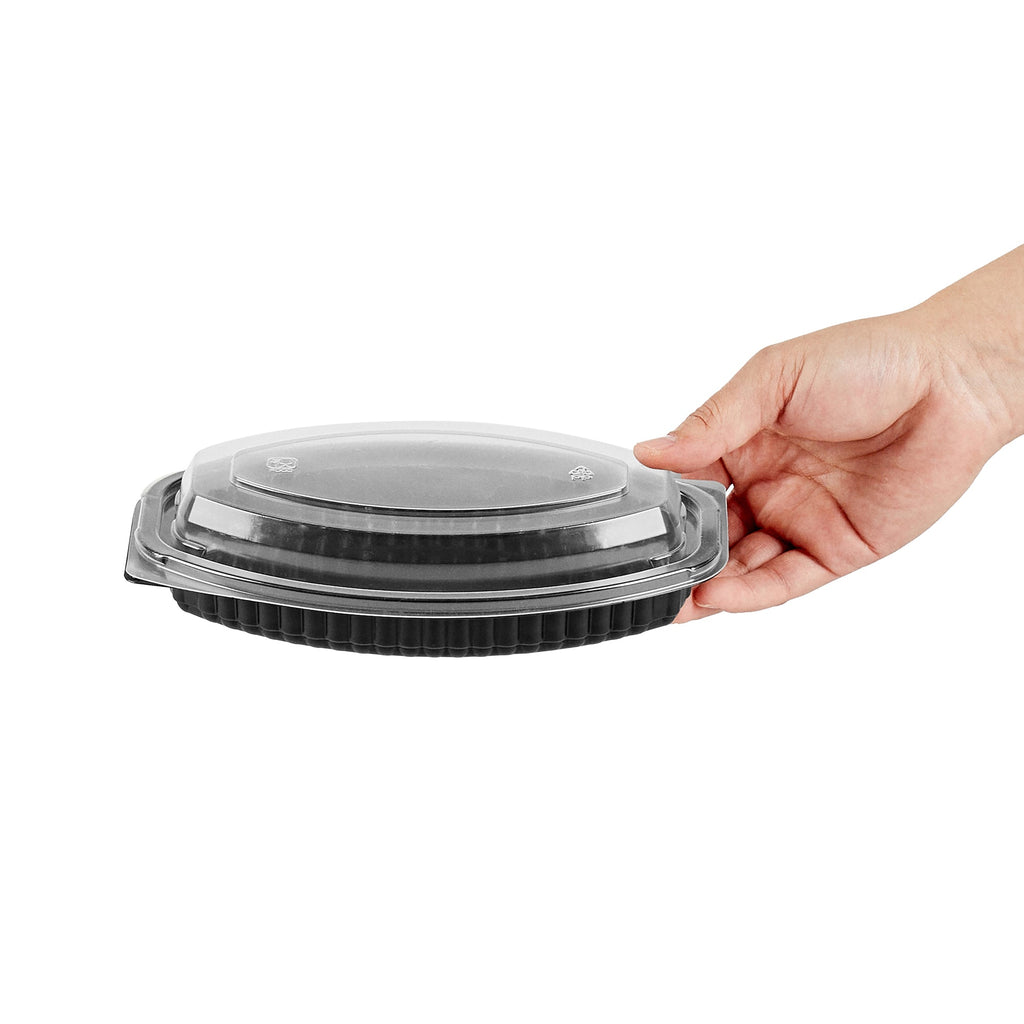 Chef 101 12 oz Oval Black Plastic Food Container - with Clear Lid, Microwavable - 8" x 5 1/2" x 2" - 50 count box