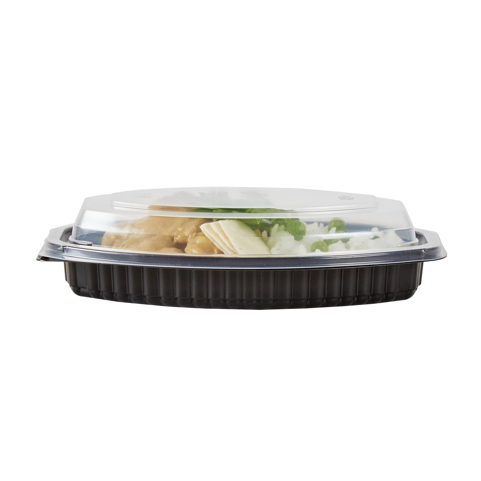 Chef 101 12 oz Oval Black Plastic Food Container - with Clear Lid, Microwavable - 8" x 5 1/2" x 2" - 50 count box