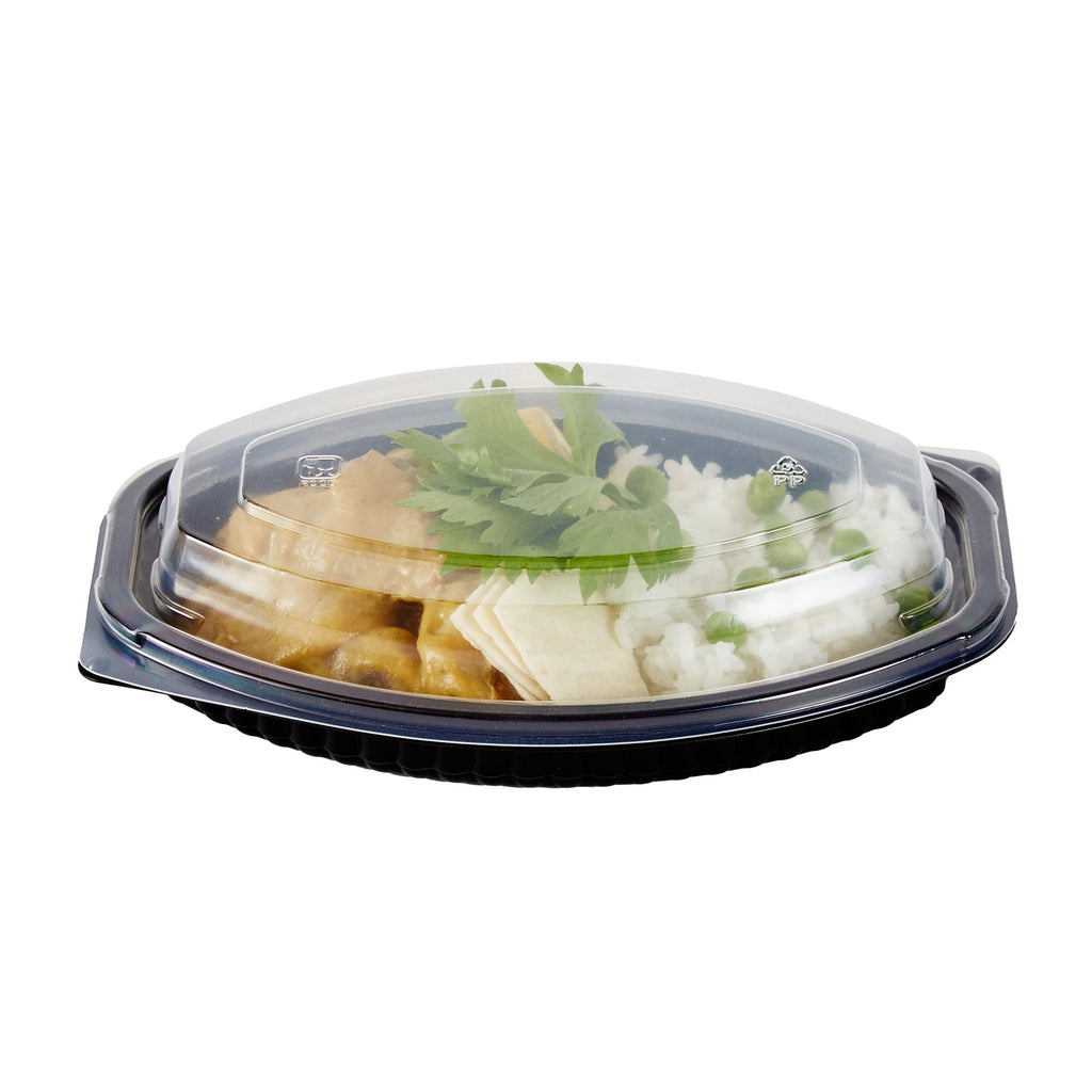 Chef 101 12 oz Oval Black Plastic Food Container - with Clear Lid, Microwavable - 8" x 5 1/2" x 2" - 50 count box