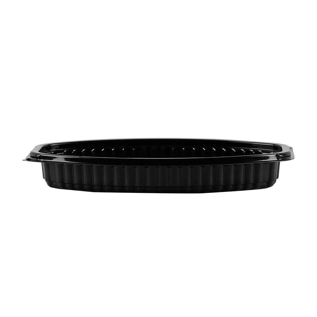 Chef 101 12 oz Oval Black Plastic Food Container - with Clear Lid, Microwavable - 8" x 5 1/2" x 2" - 50 count box