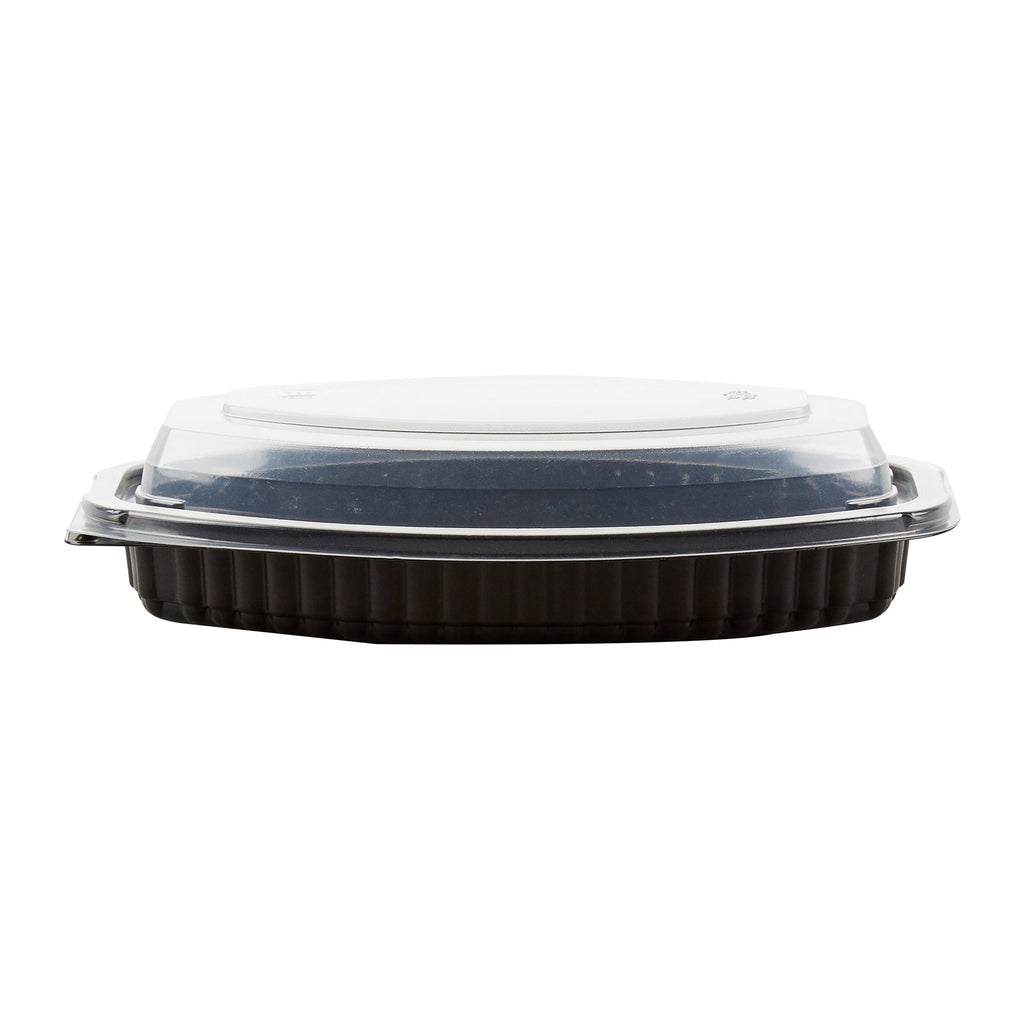 Chef 101 12 oz Oval Black Plastic Food Container - with Clear Lid, Microwavable - 8" x 5 1/2" x 2" - 50 count box