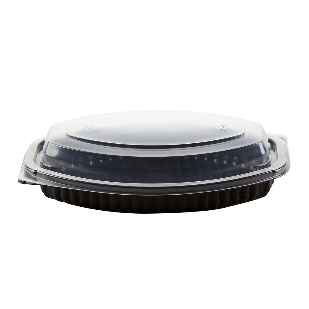 Chef 101 12 oz Oval Black Plastic Food Container - with Clear Lid, Microwavable - 8" x 5 1/2" x 2" - 50 count box