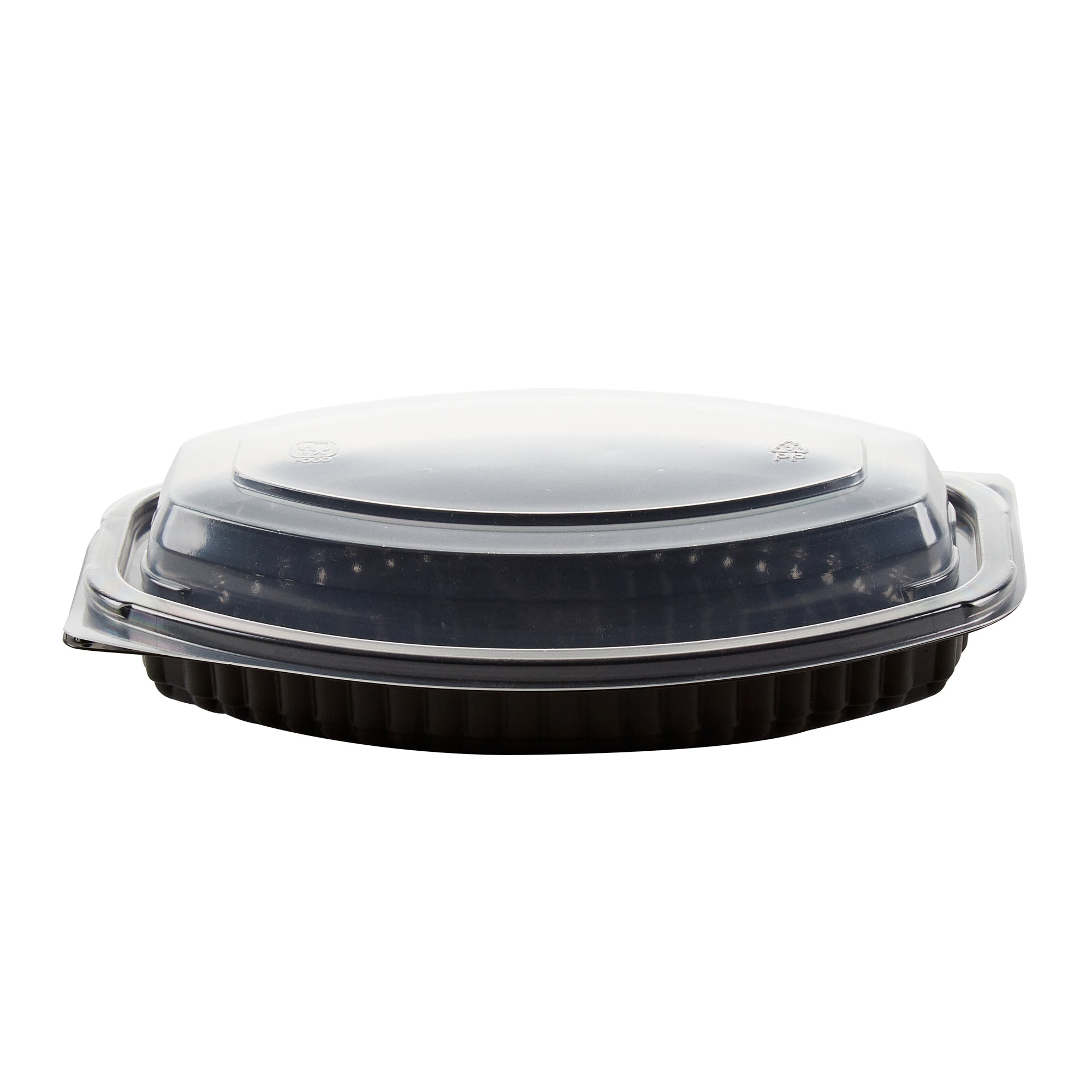 Chef 101 12 oz Oval Black Plastic Food Container - with Clear Lid, Microwavable - 8" x 5 1/2" x 2" - 50 count box