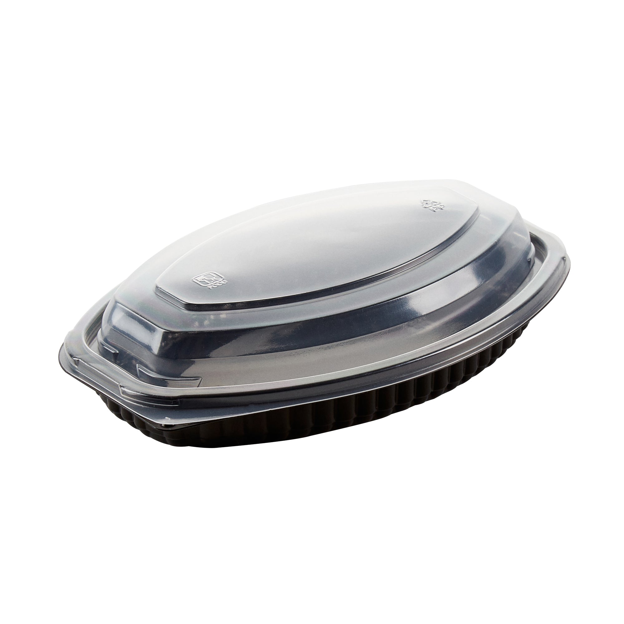 Chef 101 12 oz Oval Black Plastic Food Container - with Clear Lid, Microwavable - 8" x 5 1/2" x 2" - 50 count box