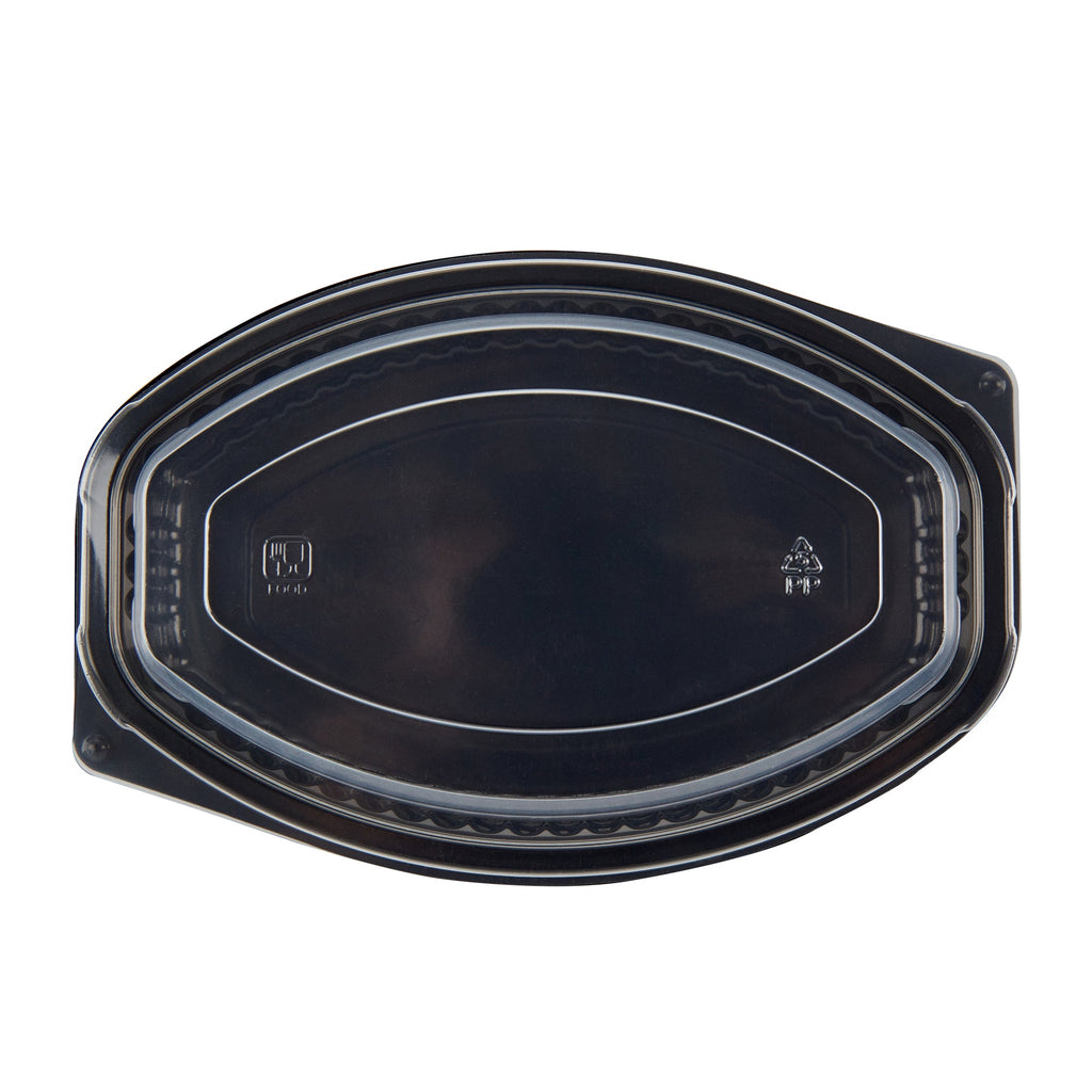 Chef 101 12 oz Oval Black Plastic Food Container - with Clear Lid, Microwavable - 8" x 5 1/2" x 2" - 50 count box