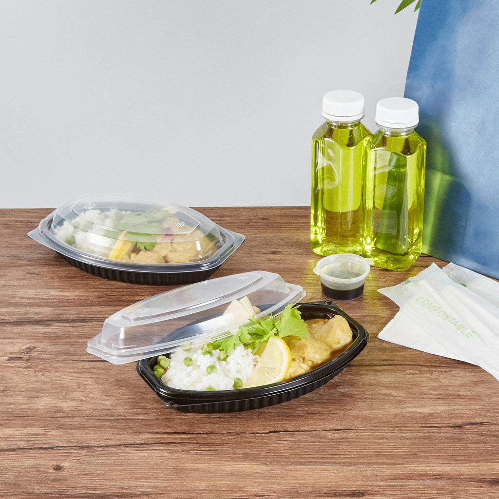 Chef 101 12 oz Oval Black Plastic Food Container - with Clear Lid, Microwavable - 8" x 5 1/2" x 2" - 50 count box
