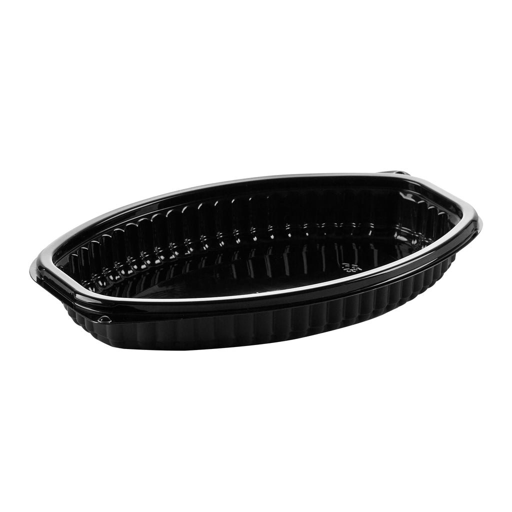 Chef 101 12 oz Oval Black Plastic Food Container - with Clear Lid, Microwavable - 8" x 5 1/2" x 2" - 100 count box