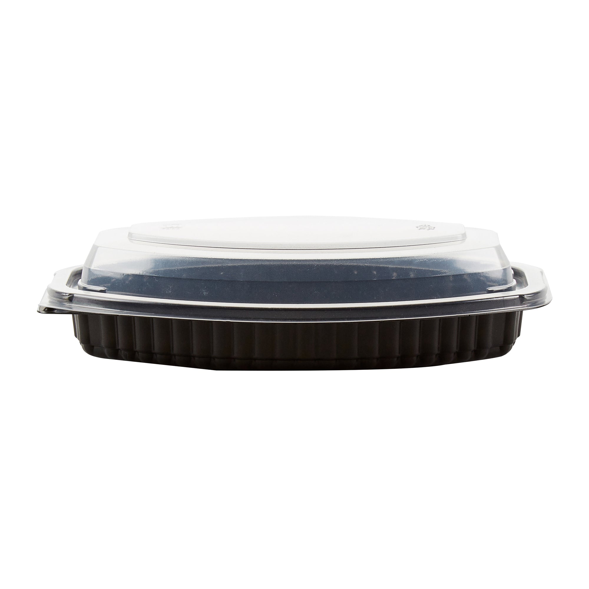 Chef 101 12 oz Oval Black Plastic Food Container - with Clear Lid, Microwavable - 8" x 5 1/2" x 2" - 100 count box