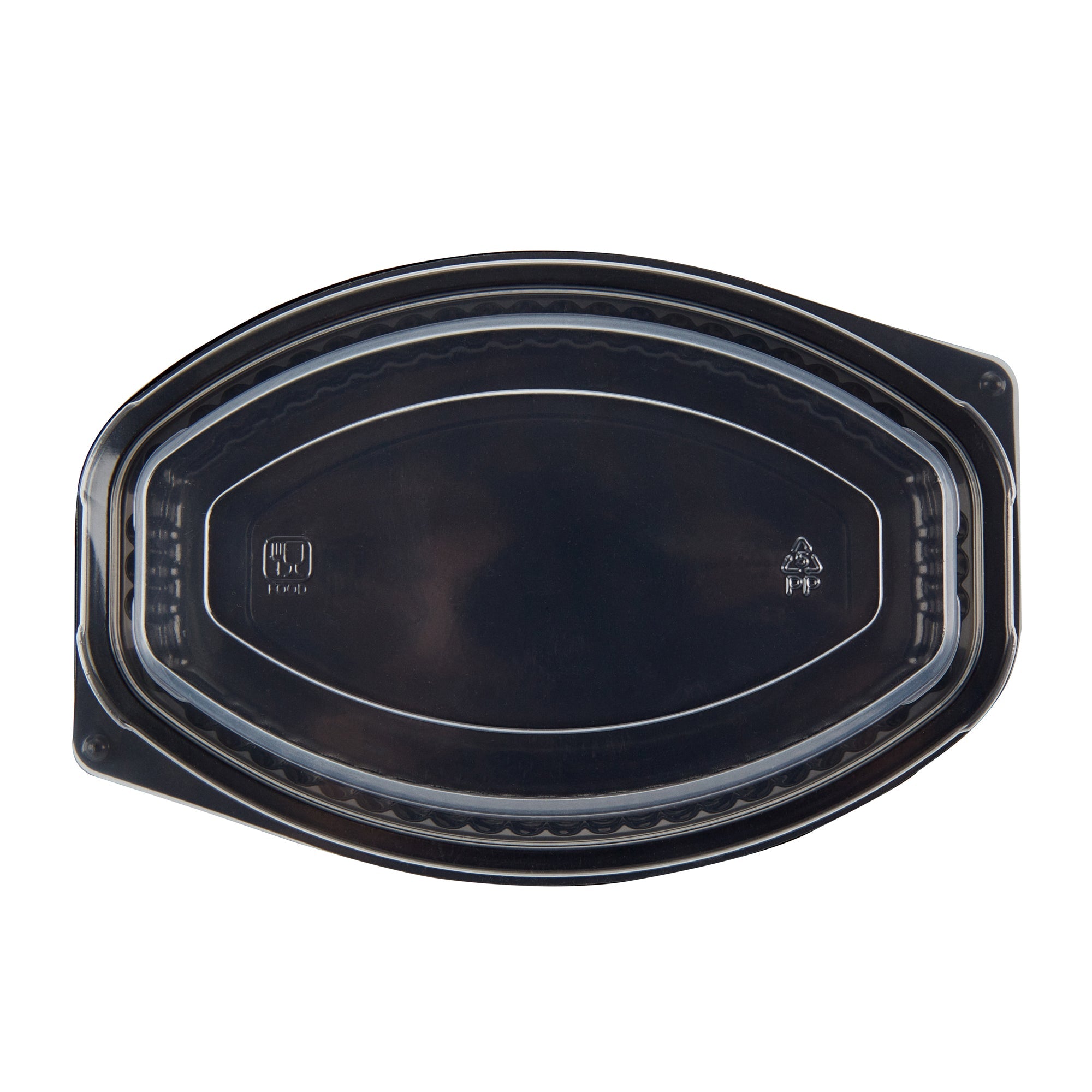 Chef 101 12 oz Oval Black Plastic Food Container - with Clear Lid, Microwavable - 8" x 5 1/2" x 2" - 100 count box