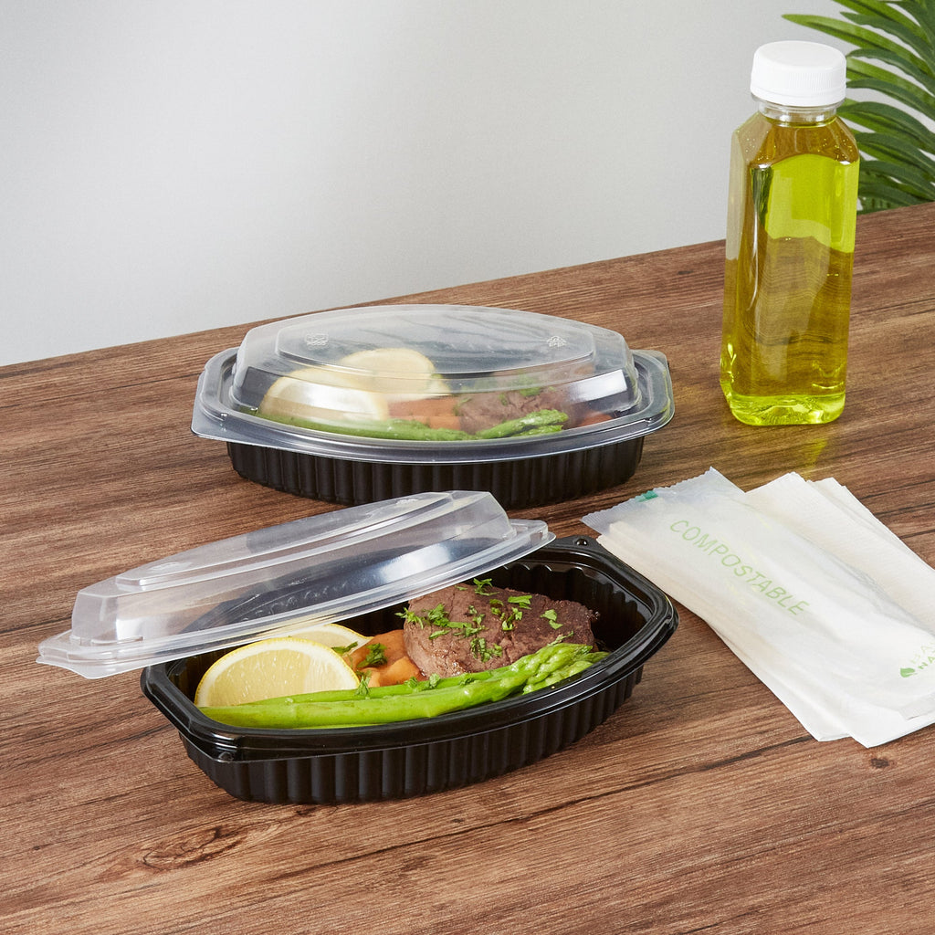 Chef 101 16 oz Oval Black Plastic Food Container - with Clear Lid, Microwavable - 8" x 5 1/2" x 2 1/4" - 100 count box