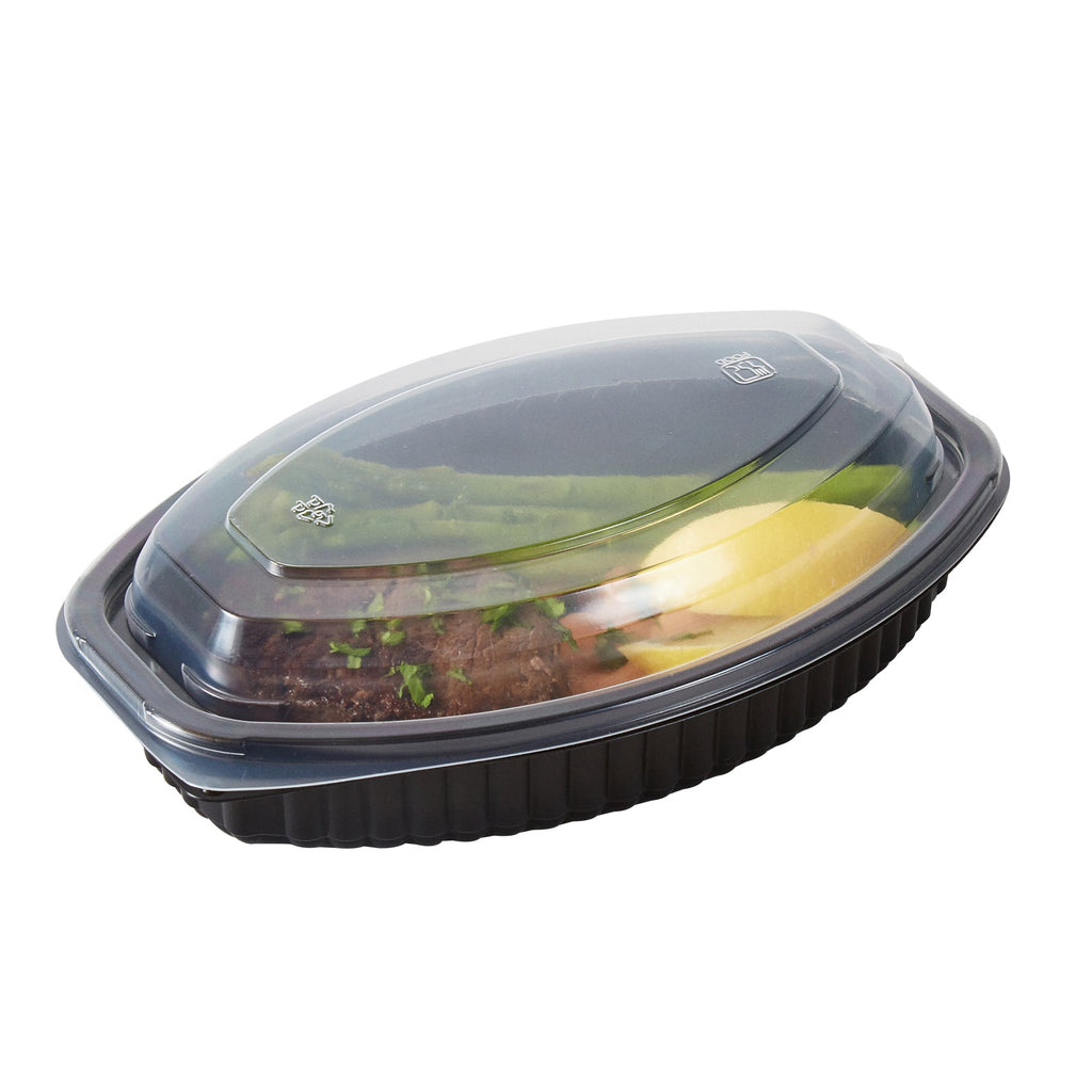 Chef 101 16 oz Oval Black Plastic Food Container - with Clear Lid, Microwavable - 8" x 5 1/2" x 2 1/4" - 50 count box
