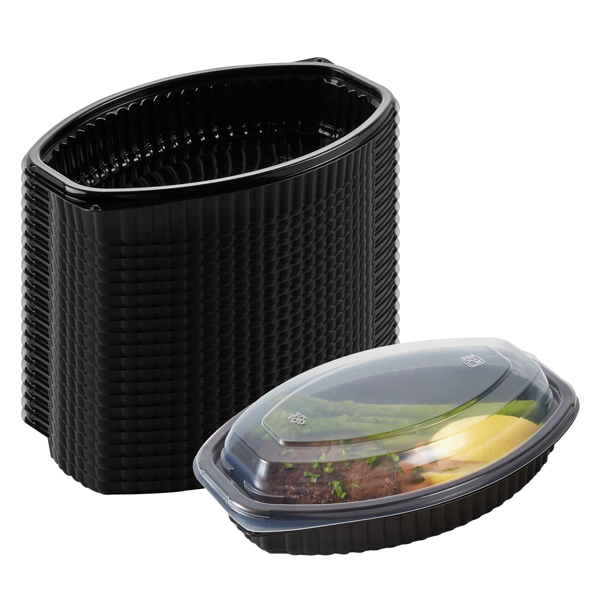 Chef 101 16 oz Oval Black Plastic Food Container - with Clear Lid, Microwavable - 8" x 5 1/2" x 2 1/4" - 50 count box