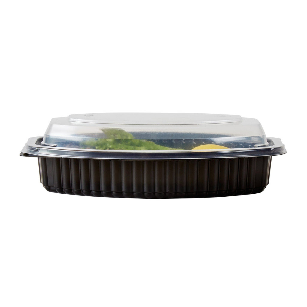 Chef 101 16 oz Oval Black Plastic Food Container - with Clear Lid, Microwavable - 8" x 5 1/2" x 2 1/4" - 50 count box