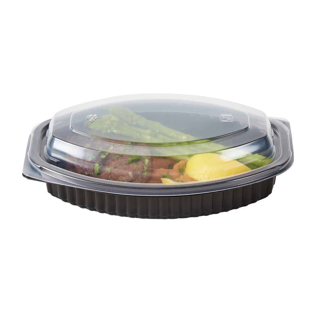 Chef 101 16 oz Oval Black Plastic Food Container - with Clear Lid, Microwavable - 8" x 5 1/2" x 2 1/4" - 50 count box