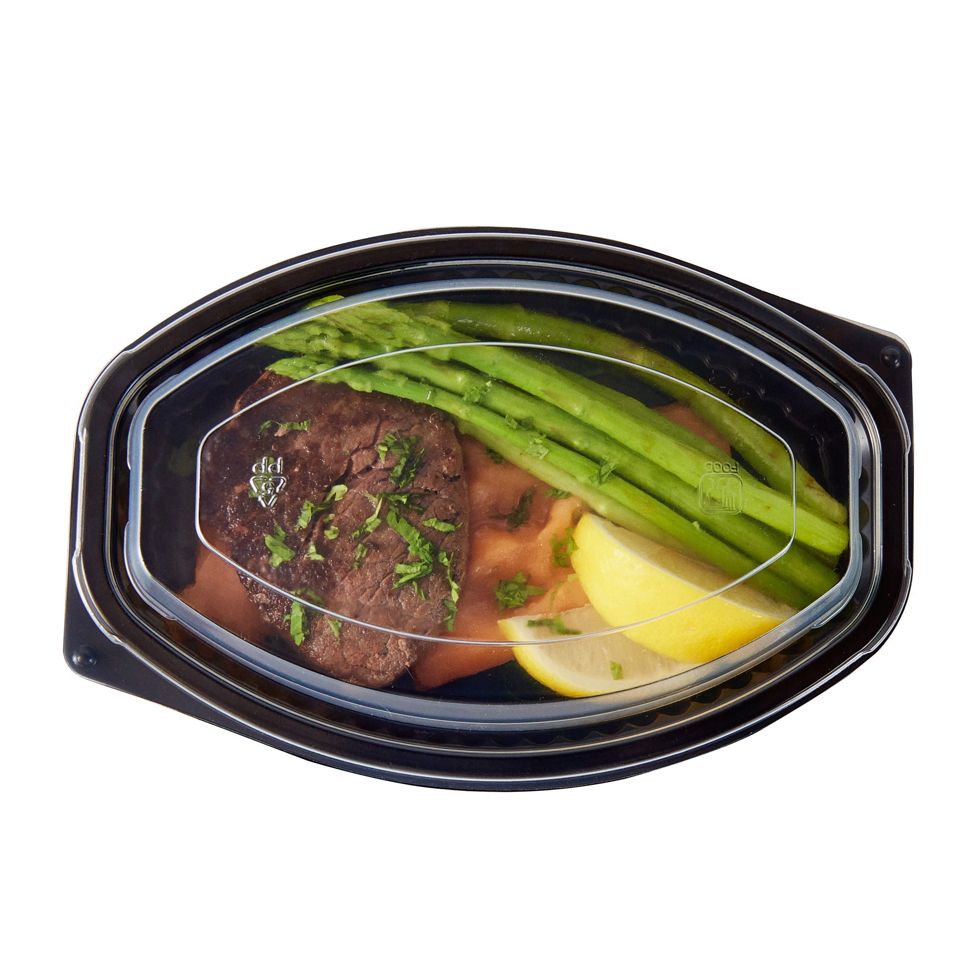 Chef 101 16 oz Oval Black Plastic Food Container - with Clear Lid, Microwavable - 8" x 5 1/2" x 2 1/4" - 50 count box