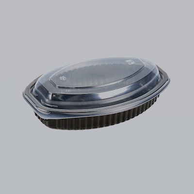 Chef 101 16 oz Oval Black Plastic Food Container - with Clear Lid, Microwavable - 8" x 5 1/2" x 2 1/4" - 50 count box