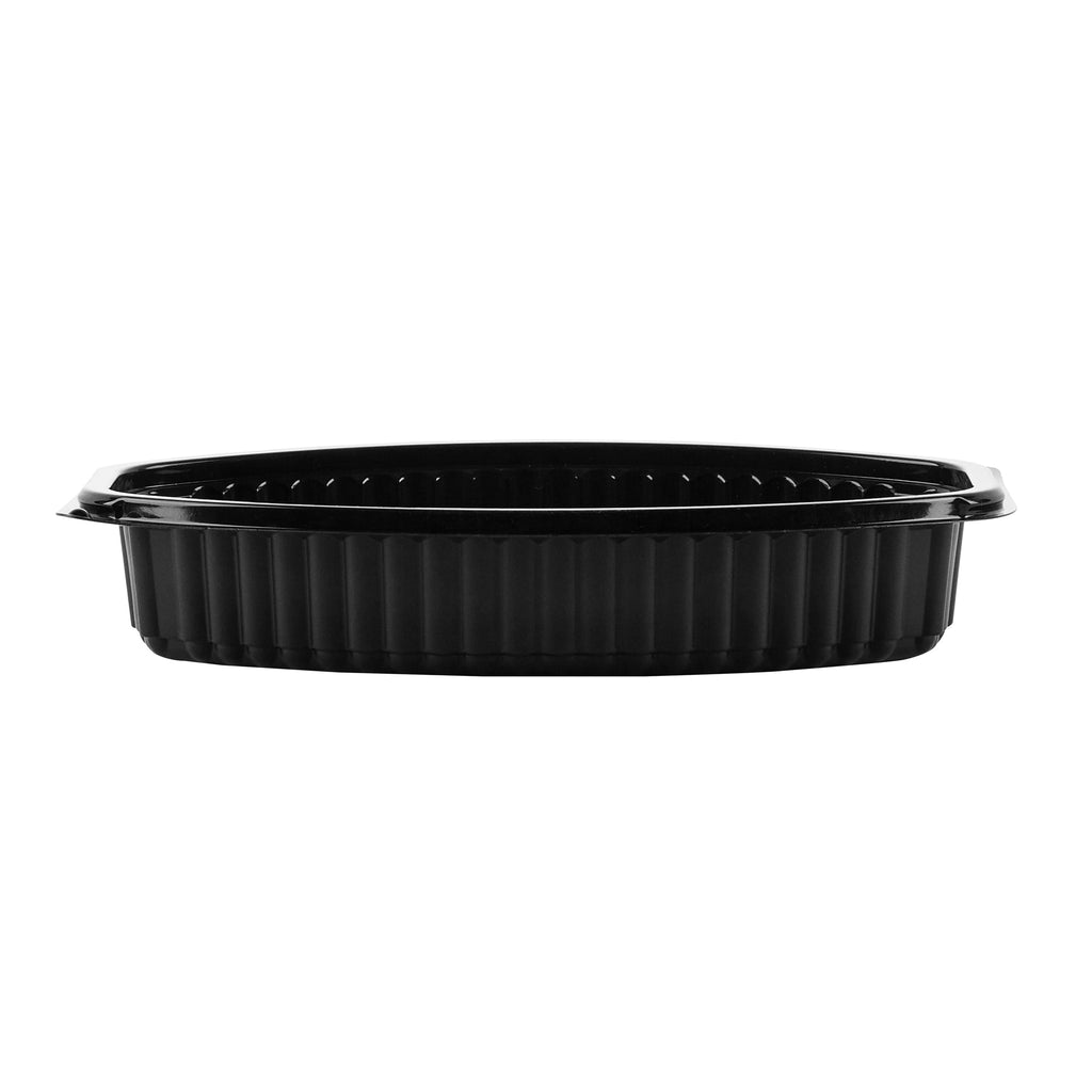Chef 101 16 oz Oval Black Plastic Food Container - with Clear Lid, Microwavable - 8" x 5 1/2" x 2 1/4" - 50 count box