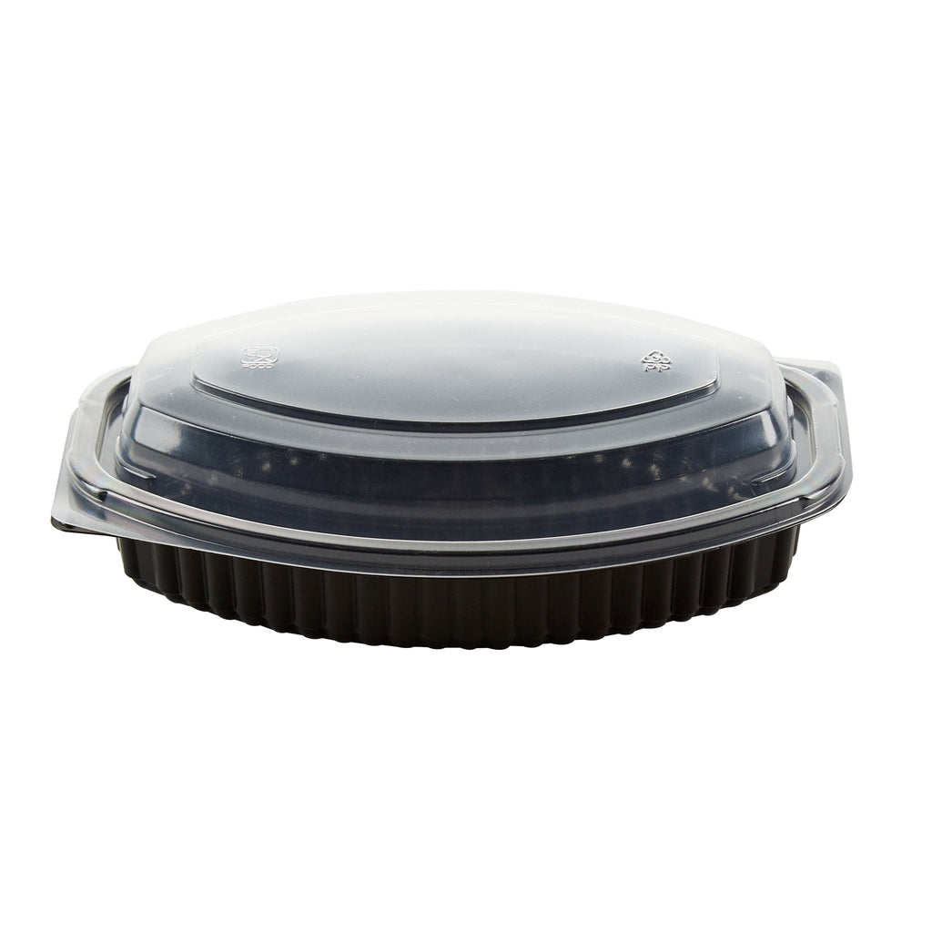 Chef 101 16 oz Oval Black Plastic Food Container - with Clear Lid, Microwavable - 8" x 5 1/2" x 2 1/4" - 50 count box