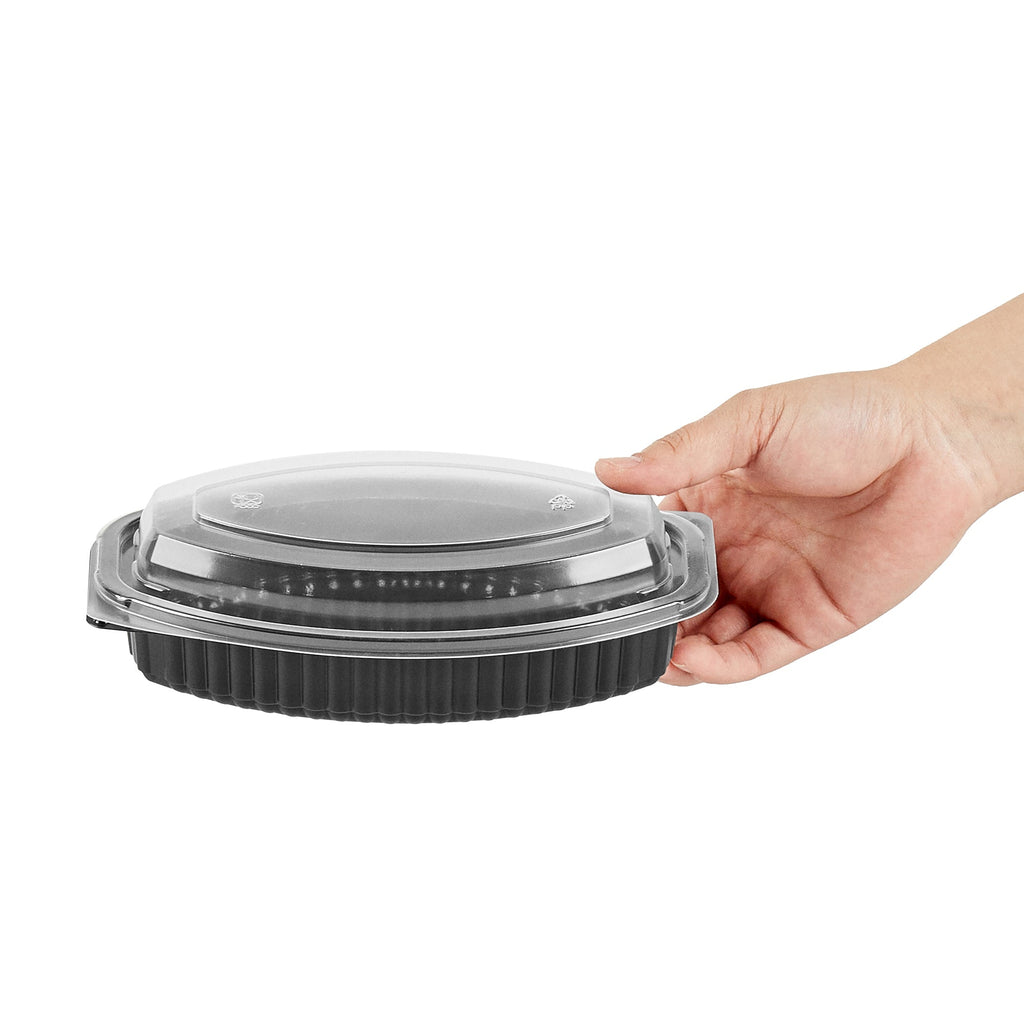 Chef 101 16 oz Oval Black Plastic Food Container - with Clear Lid, Microwavable - 8" x 5 1/2" x 2 1/4" - 100 count box